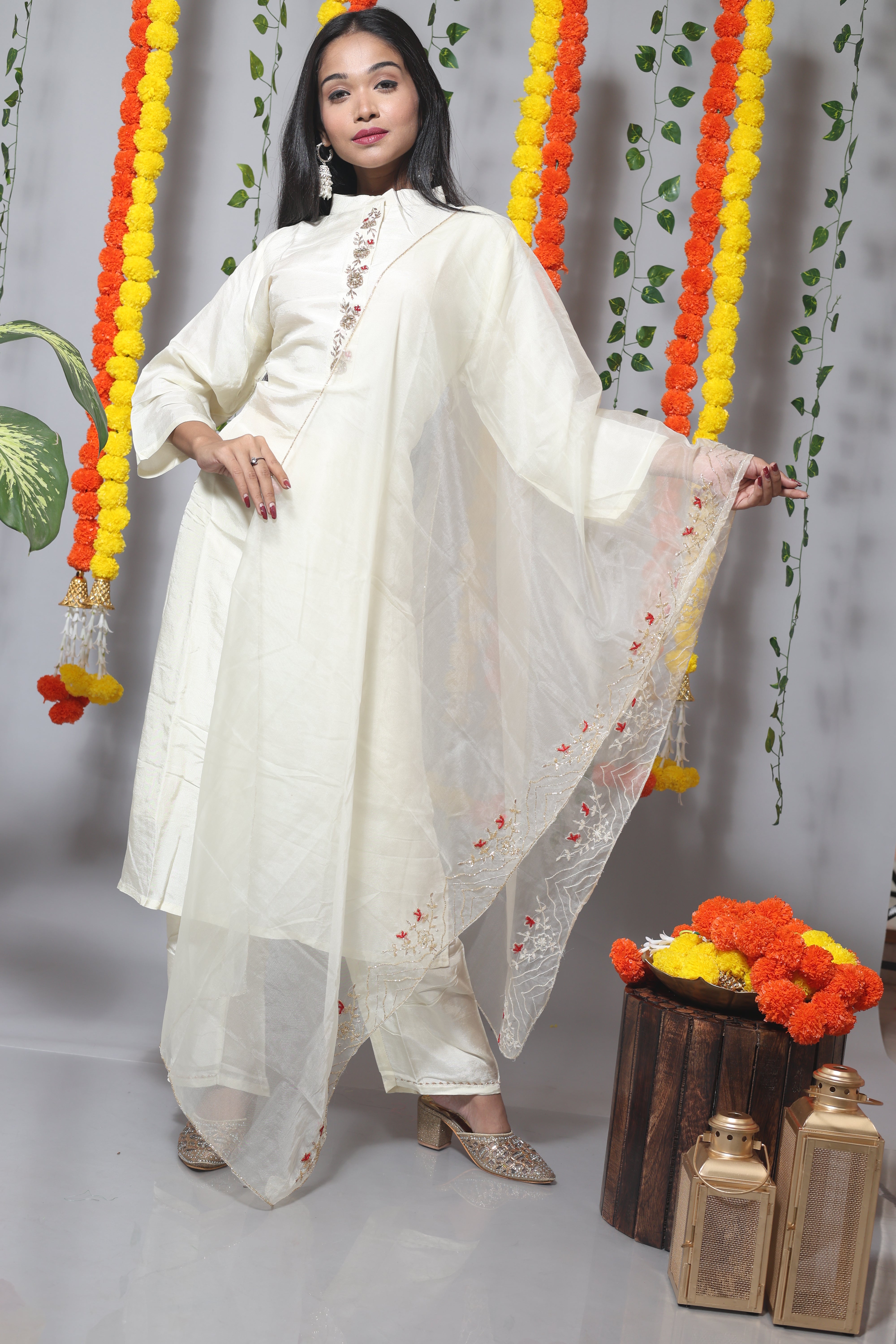 Off White Dola Silk Handwork Suit Set