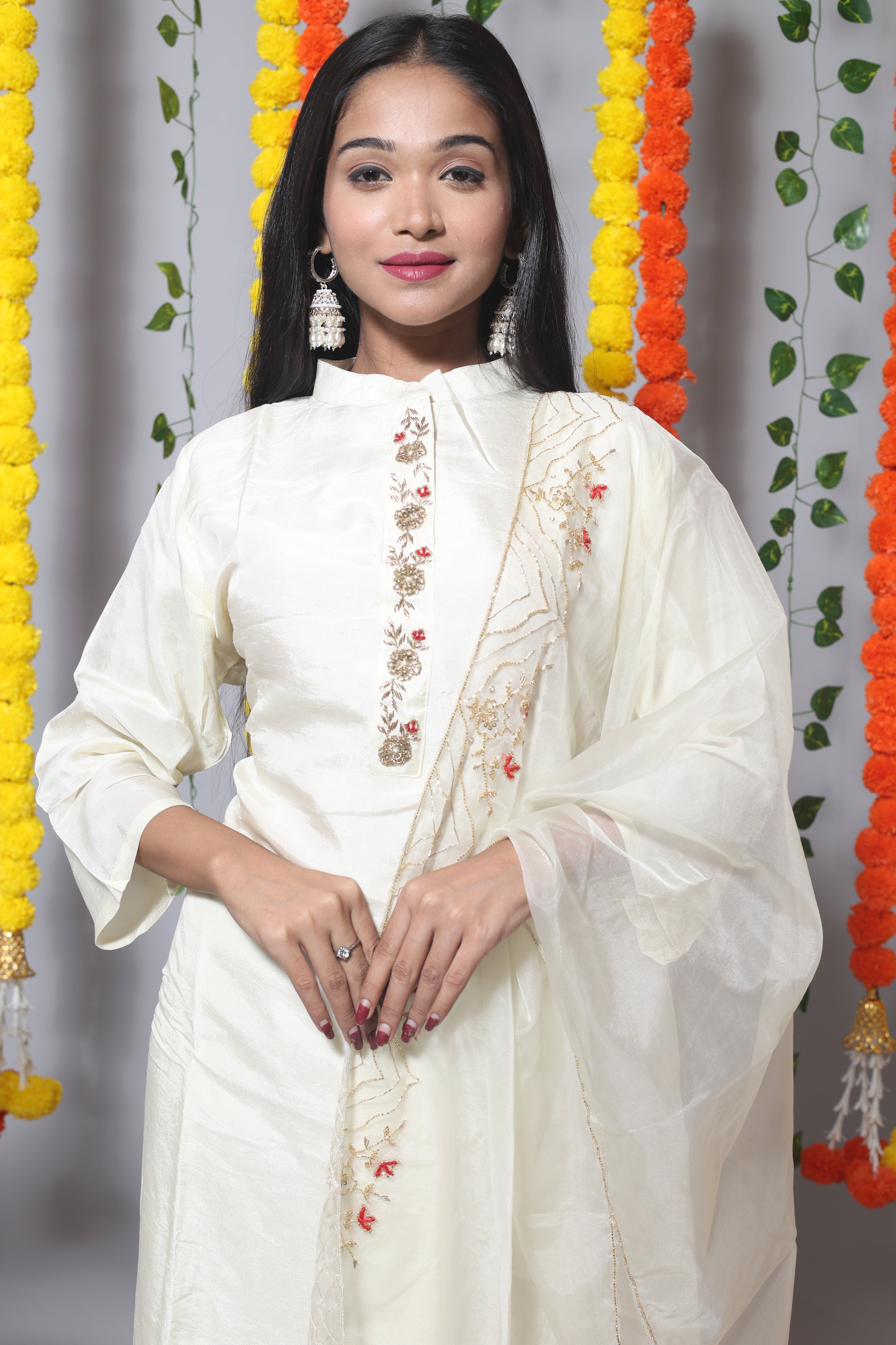 Off White Dola Silk Handwork Suit Set