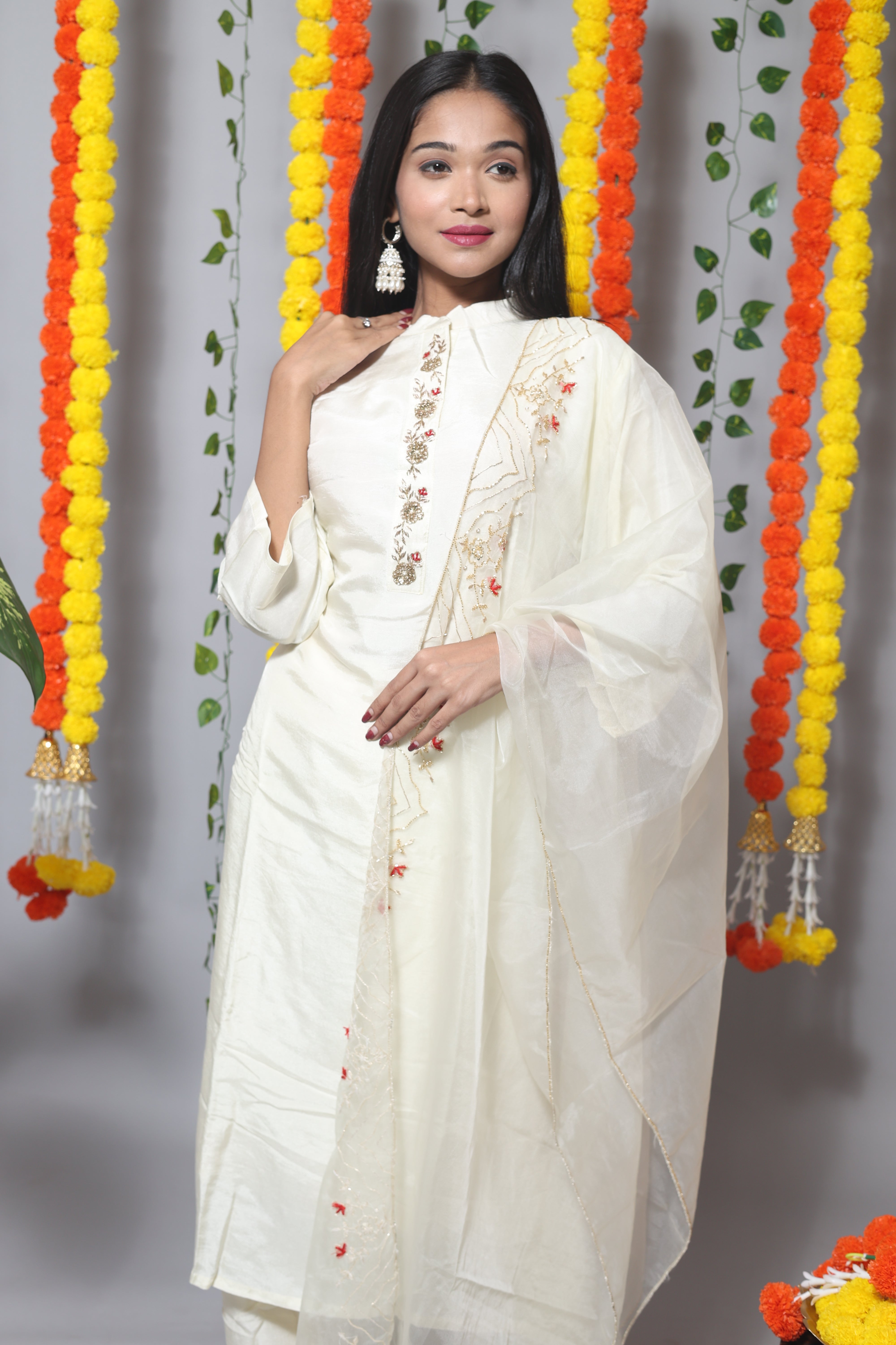 Off White Dola Silk Handwork Suit Set