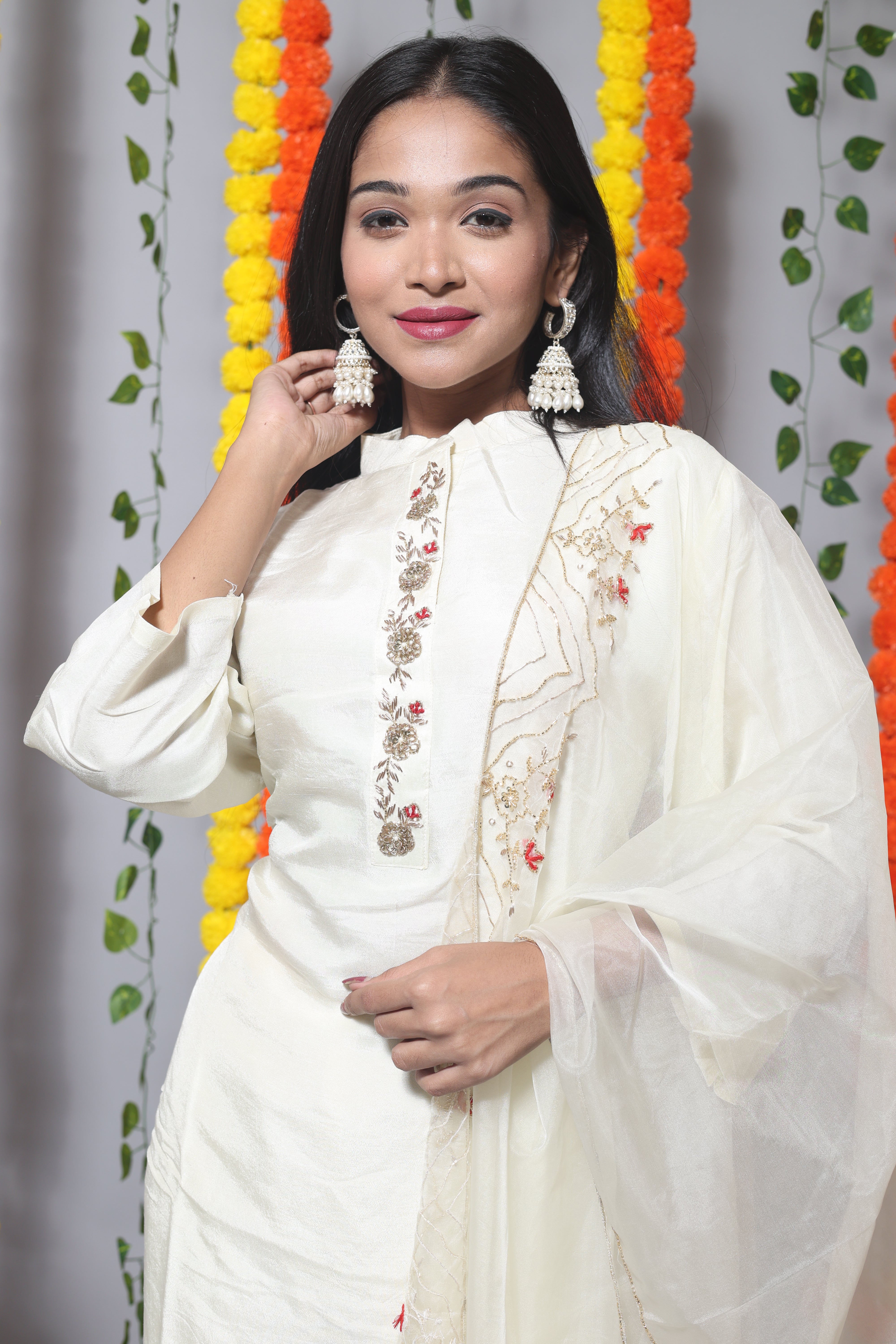 Off White Dola Silk Handwork Suit Set