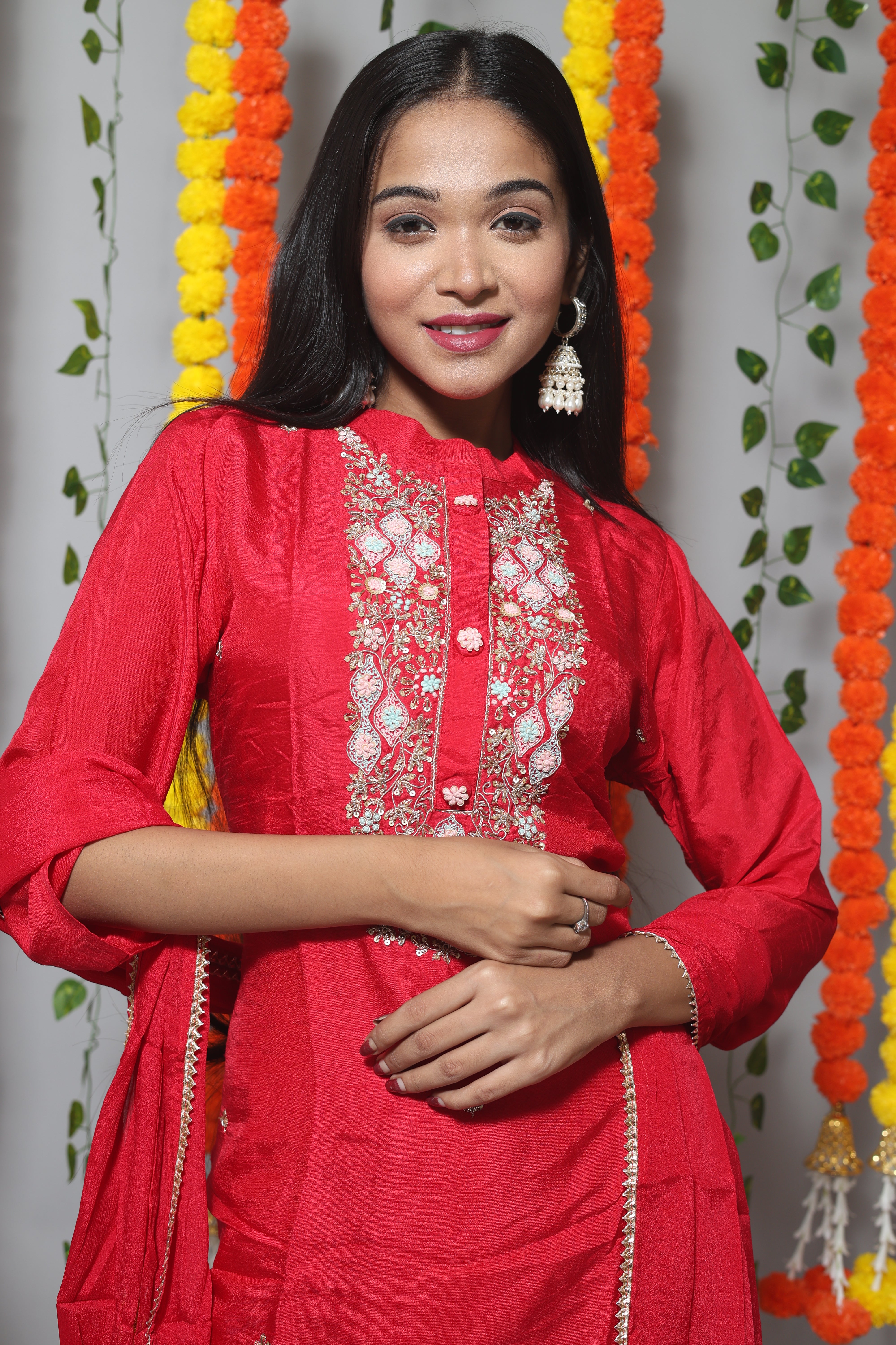 Red Handwork Dola Silk Suit Set