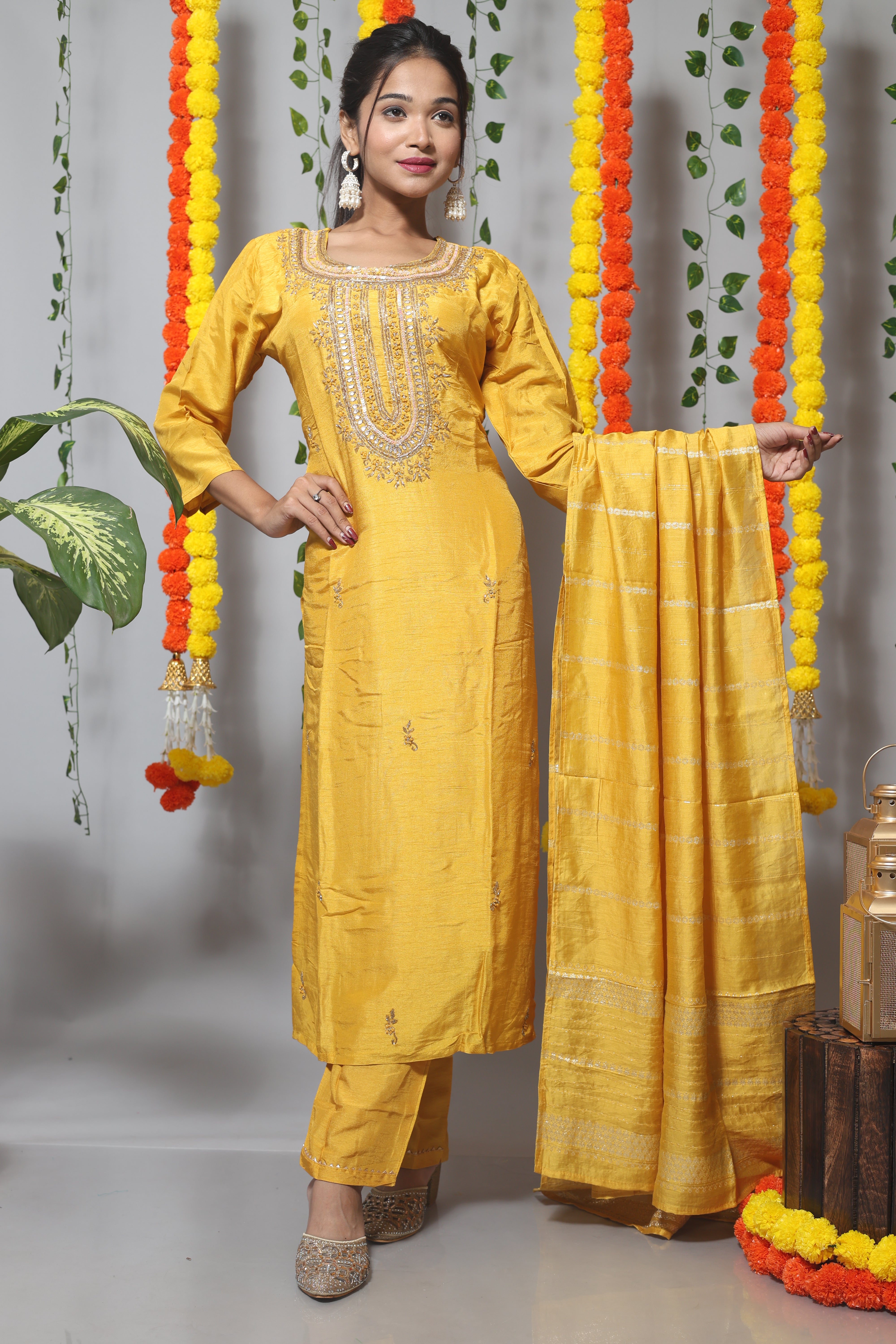 Yellow dola silk kurta featuring exquisite handwork
