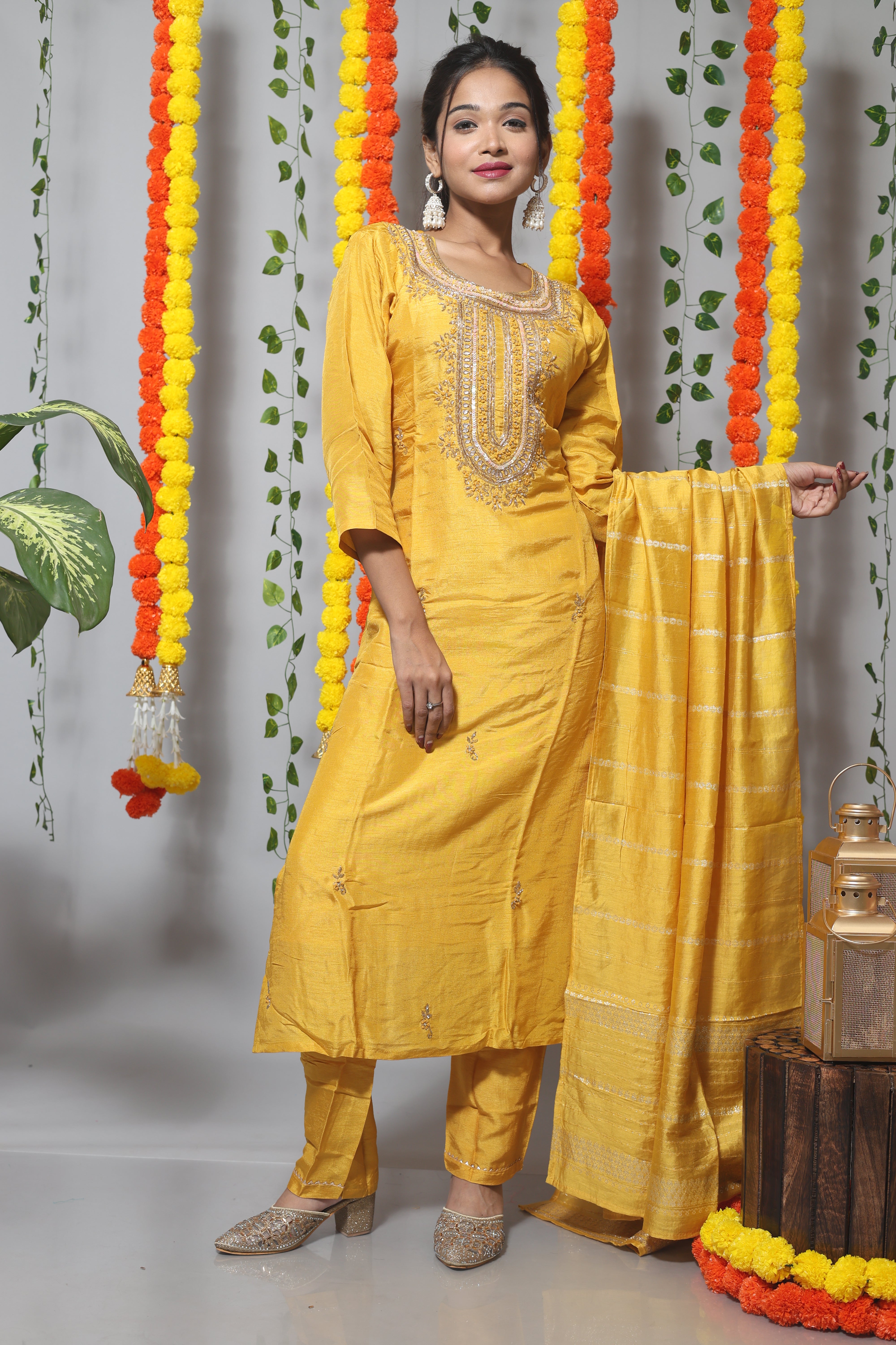 Yellow Dola Silk Handwork Kurta