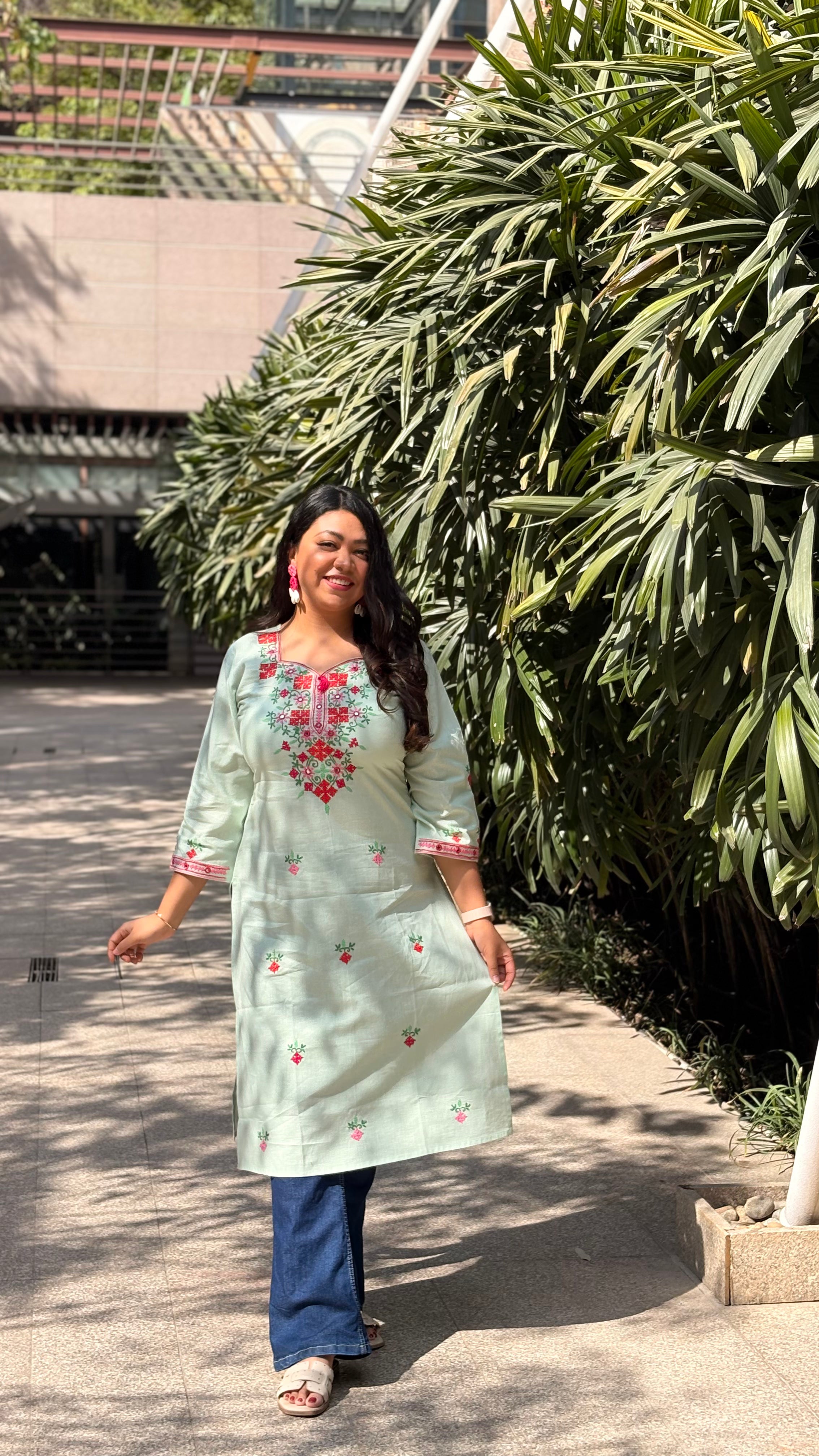 Pastel Mint Color Hand Embroidered Cotton Kurta