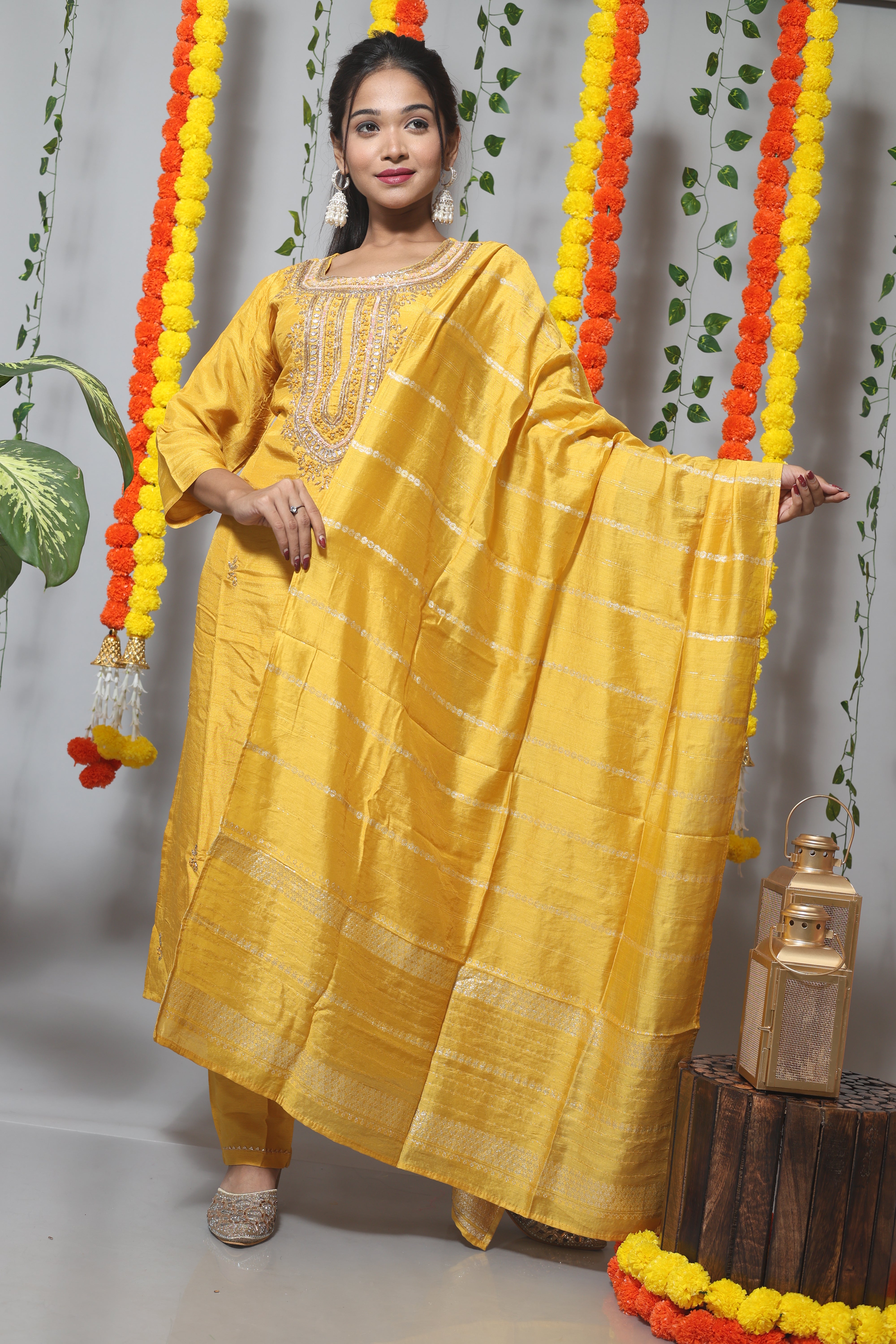 Yellow Dola Silk Handwork Kurta