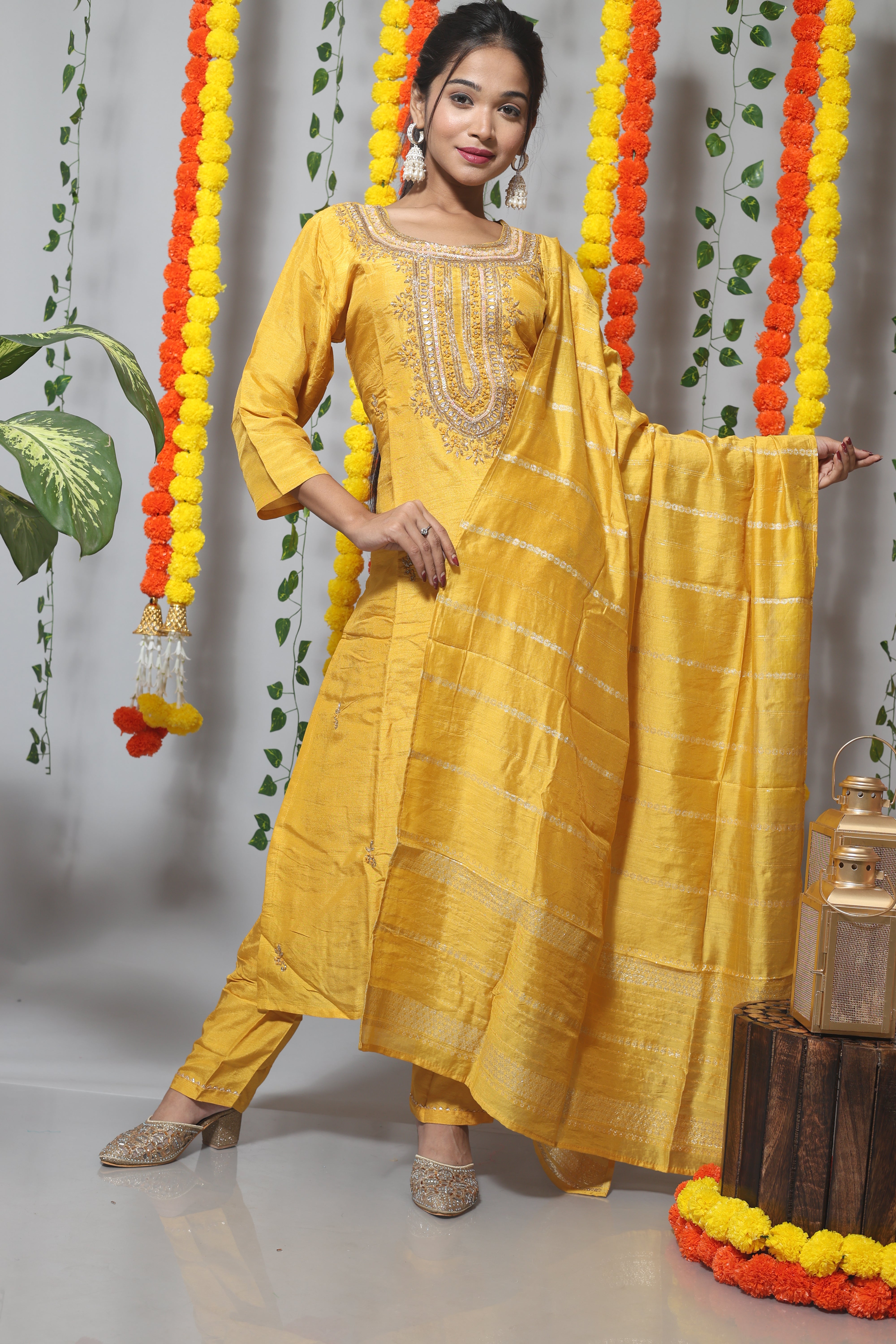 Yellow Dola Silk Handwork Kurta