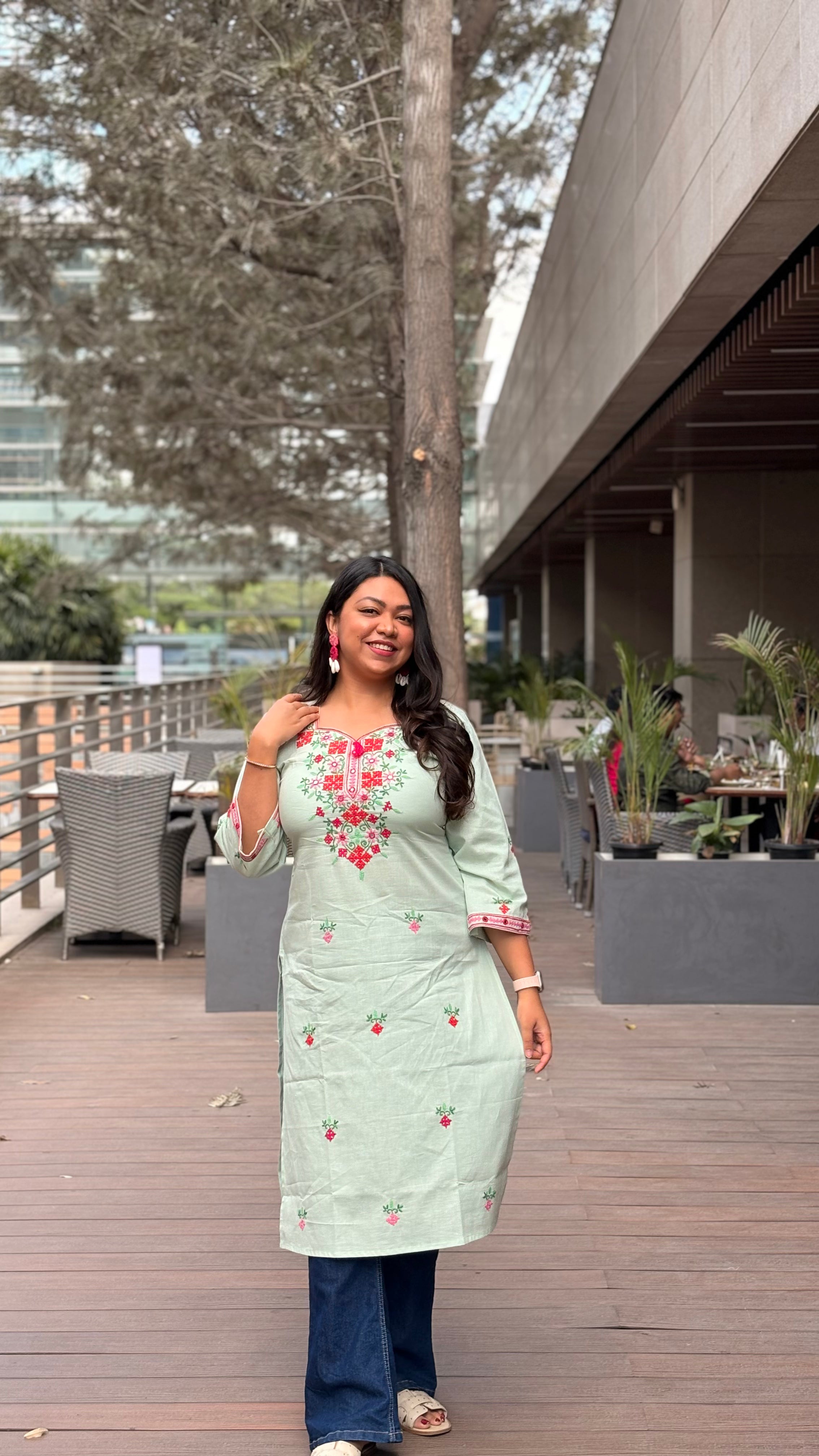 Pastel Mint Color Hand Embroidered Cotton Kurta