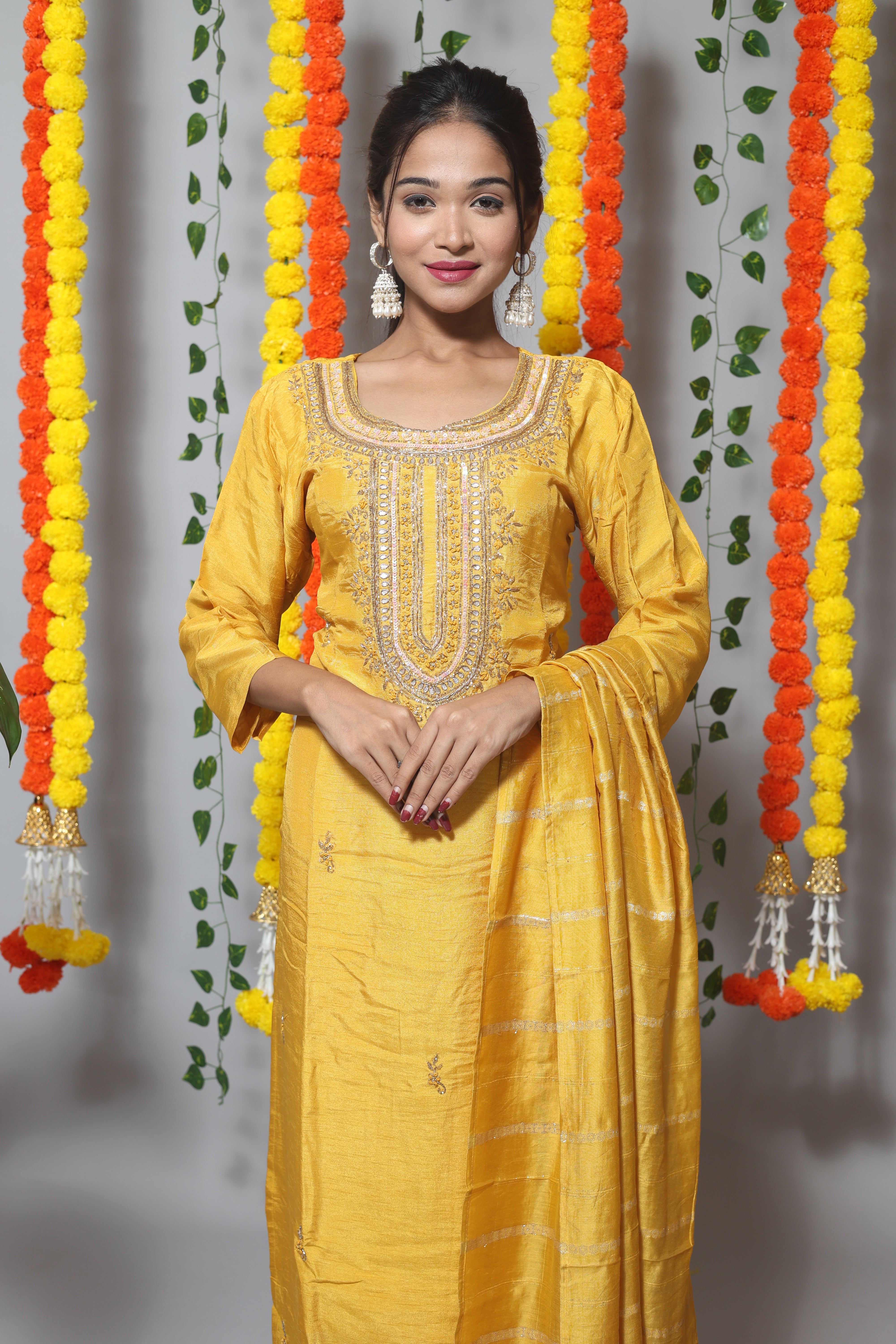Yellow Dola Silk Handwork Kurta