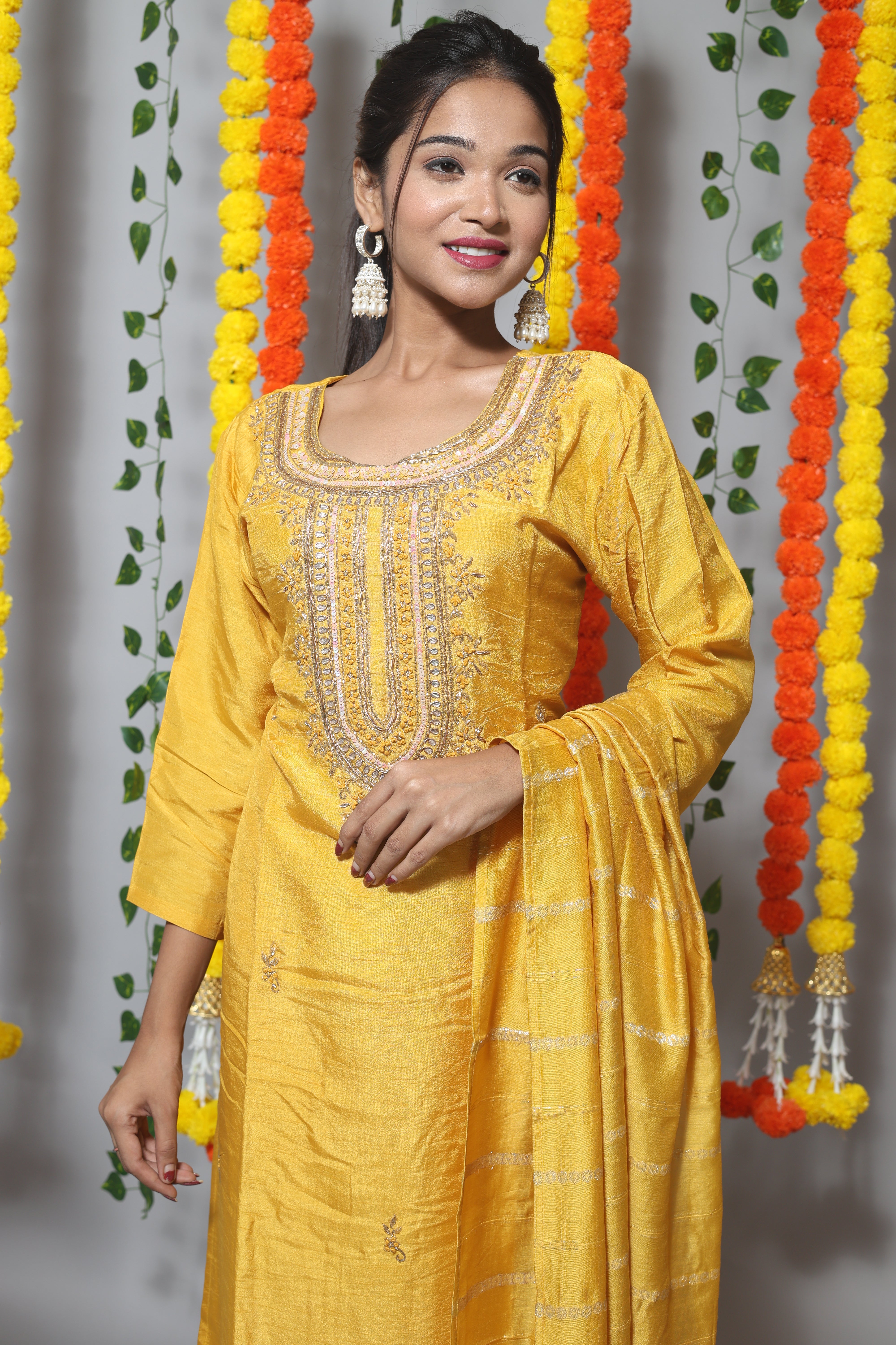 Yellow Dola Silk Handwork Kurta