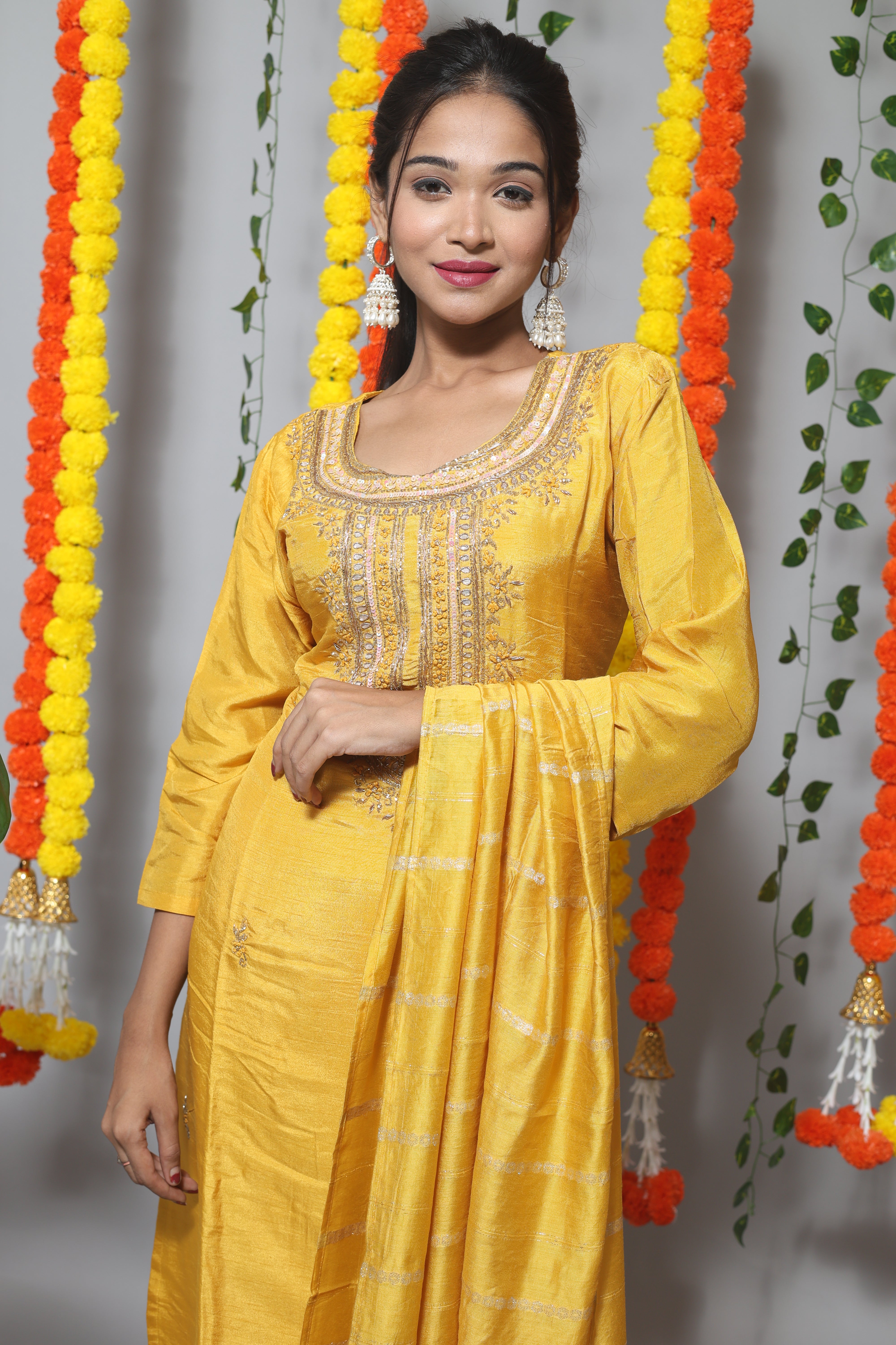 Yellow Dola Silk Handwork Kurta