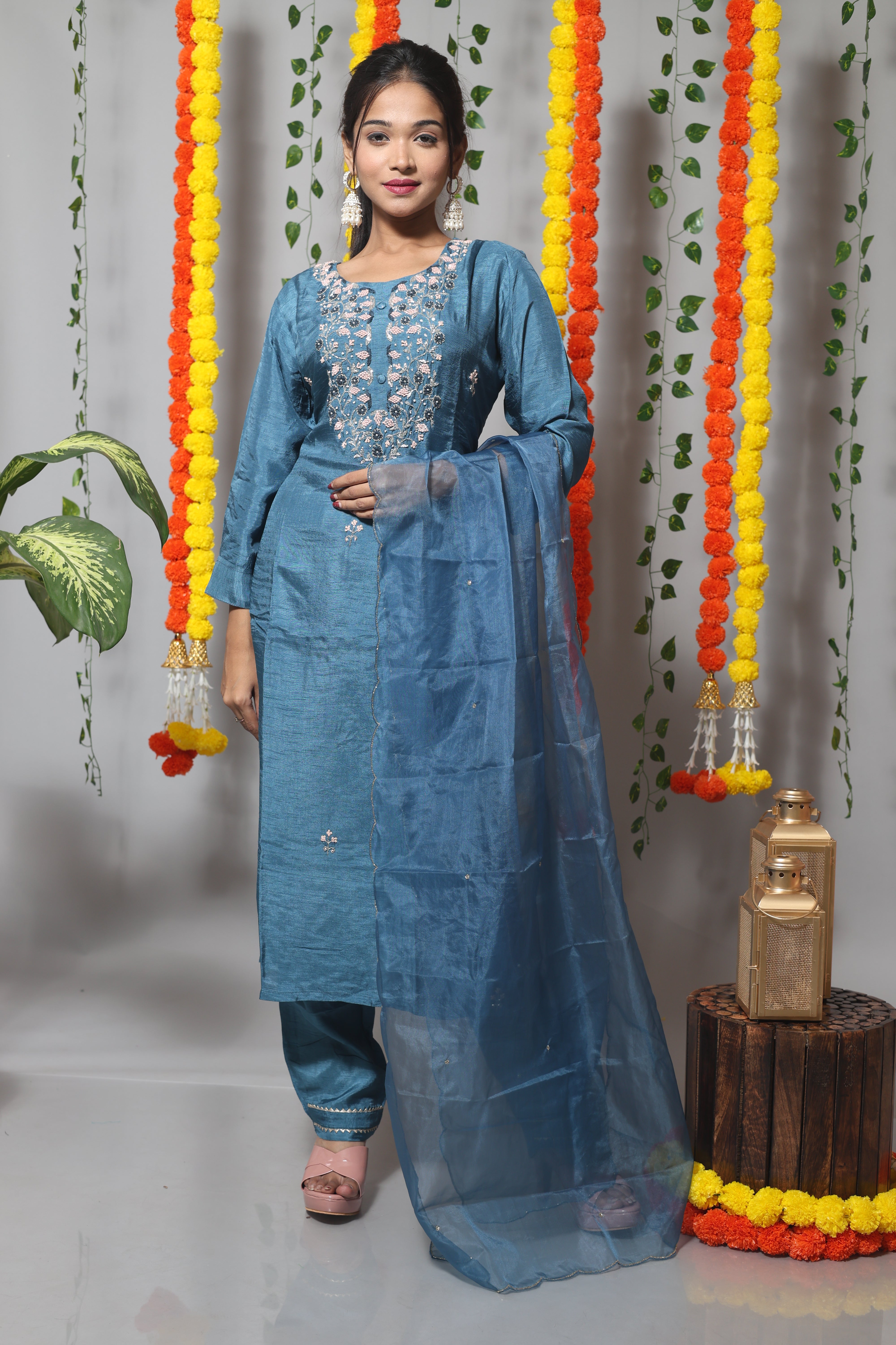 Blue suit set with intricate zardosi work