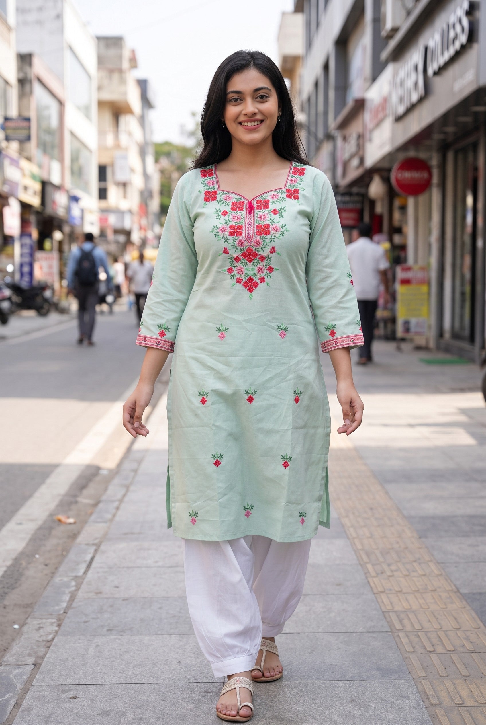 Pastel Mint Color Hand Embroidered Cotton Kurta