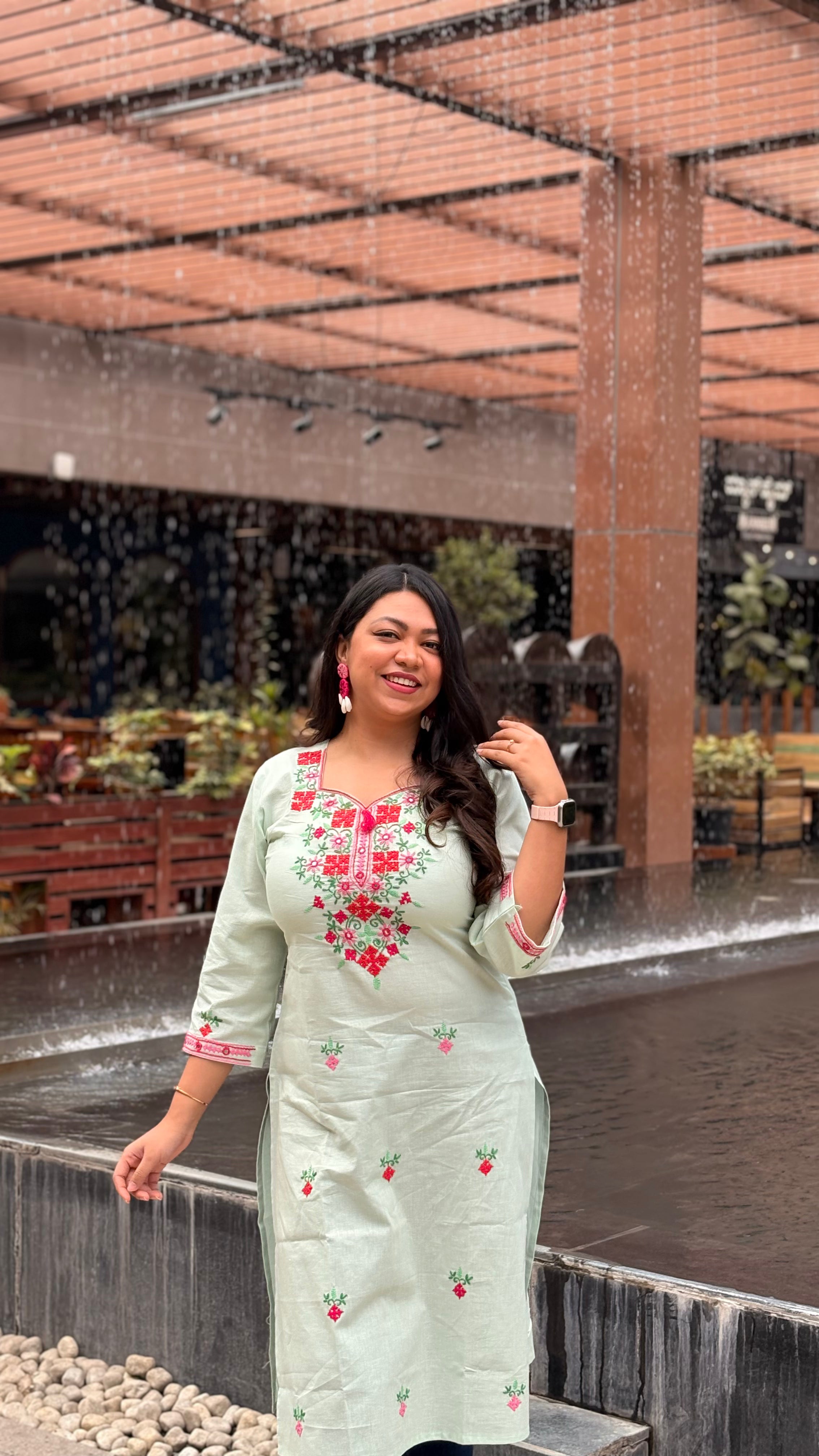 Pastel Mint Color Hand Embroidered Cotton Kurta
