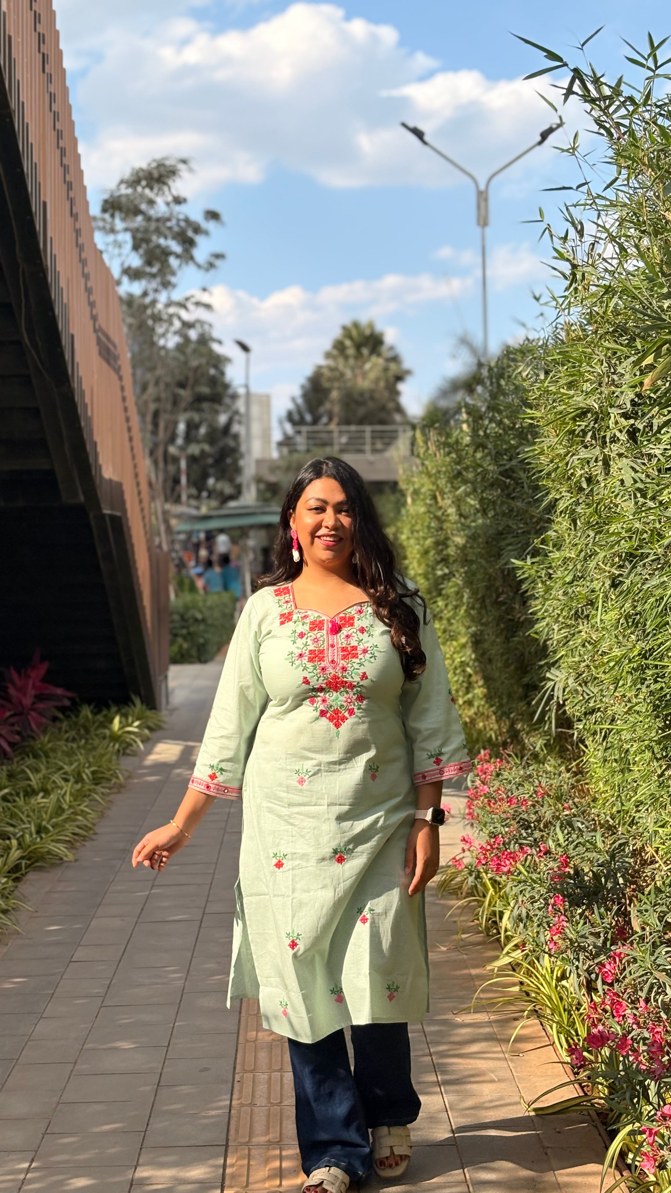 Pastel Mint Color Hand Embroidered Cotton Kurta