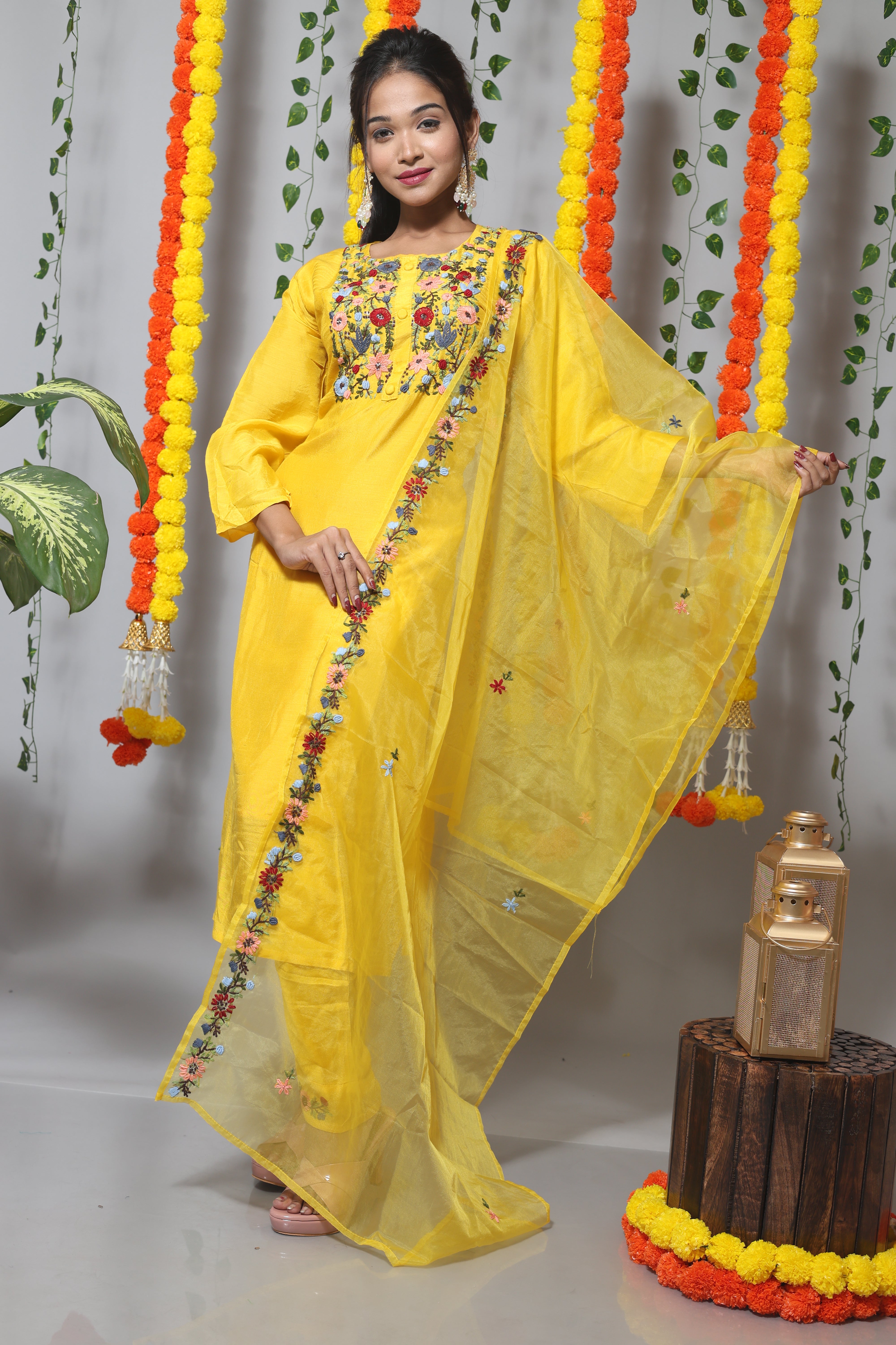 Yellow Muslin Handwork Suit Set