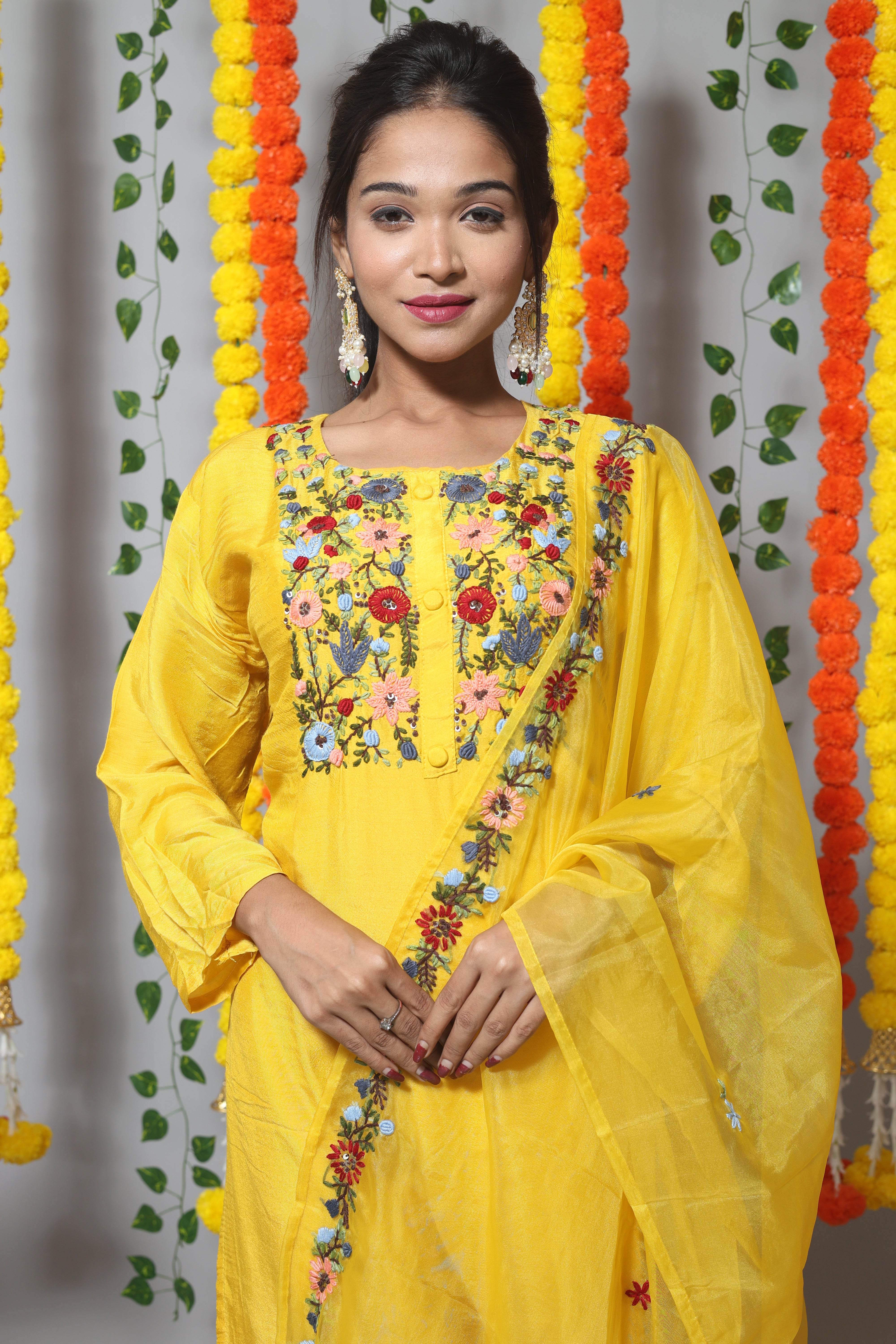 Yellow Muslin Handwork Suit Set