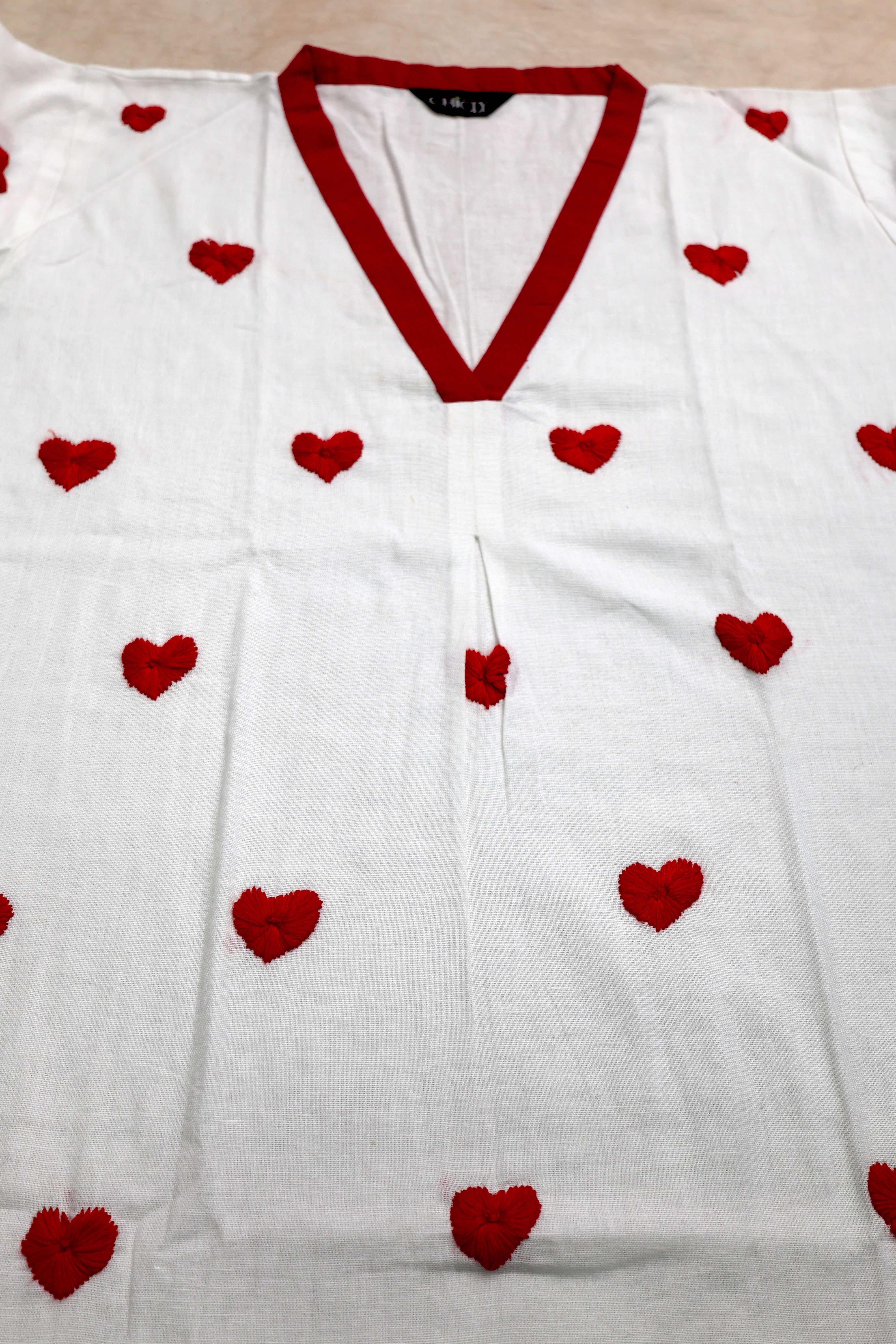 Heart Shape Hand Embroidery Cotton Short Kurti