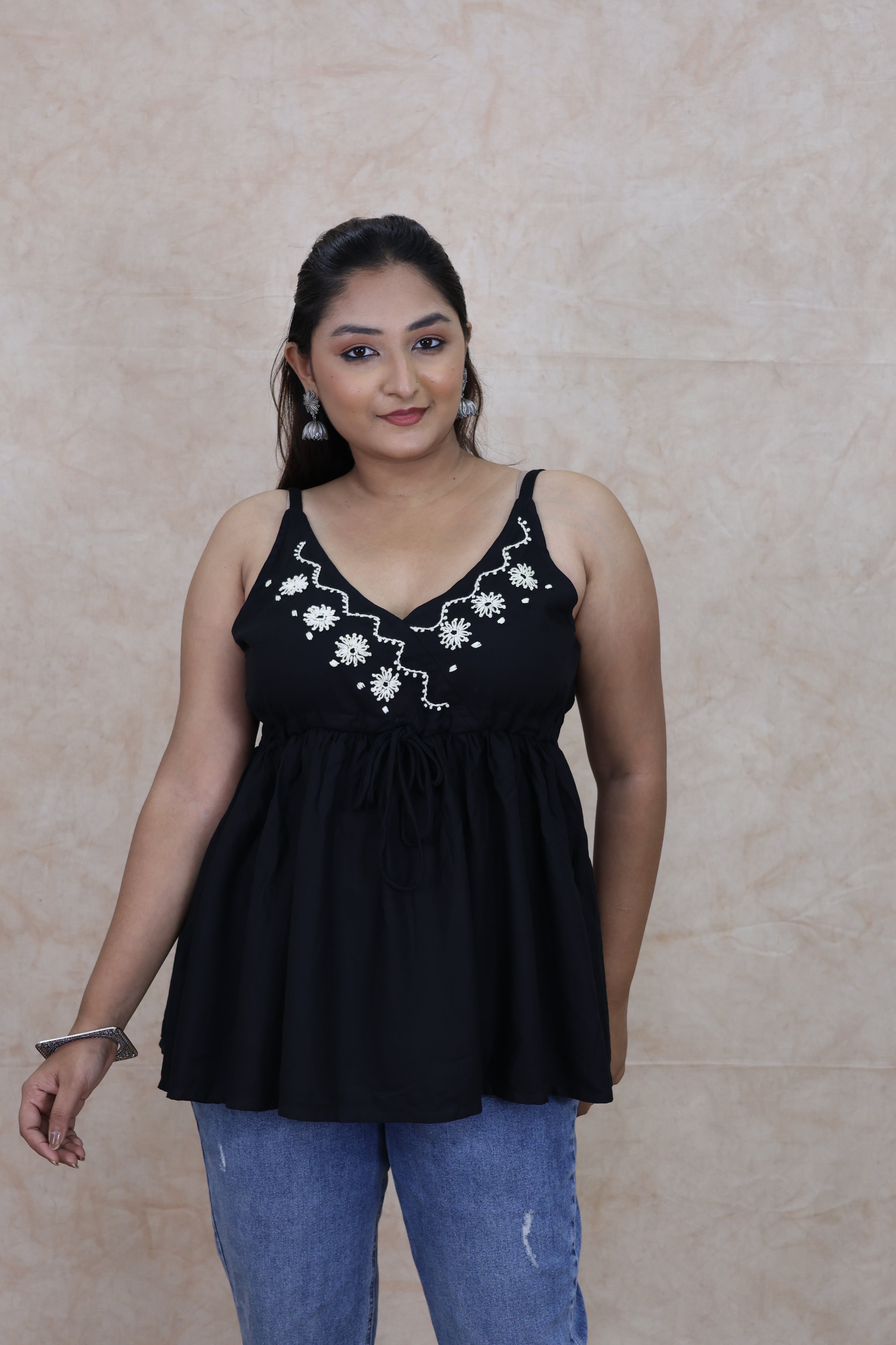 Black Hand Embroidred Rayon Tops