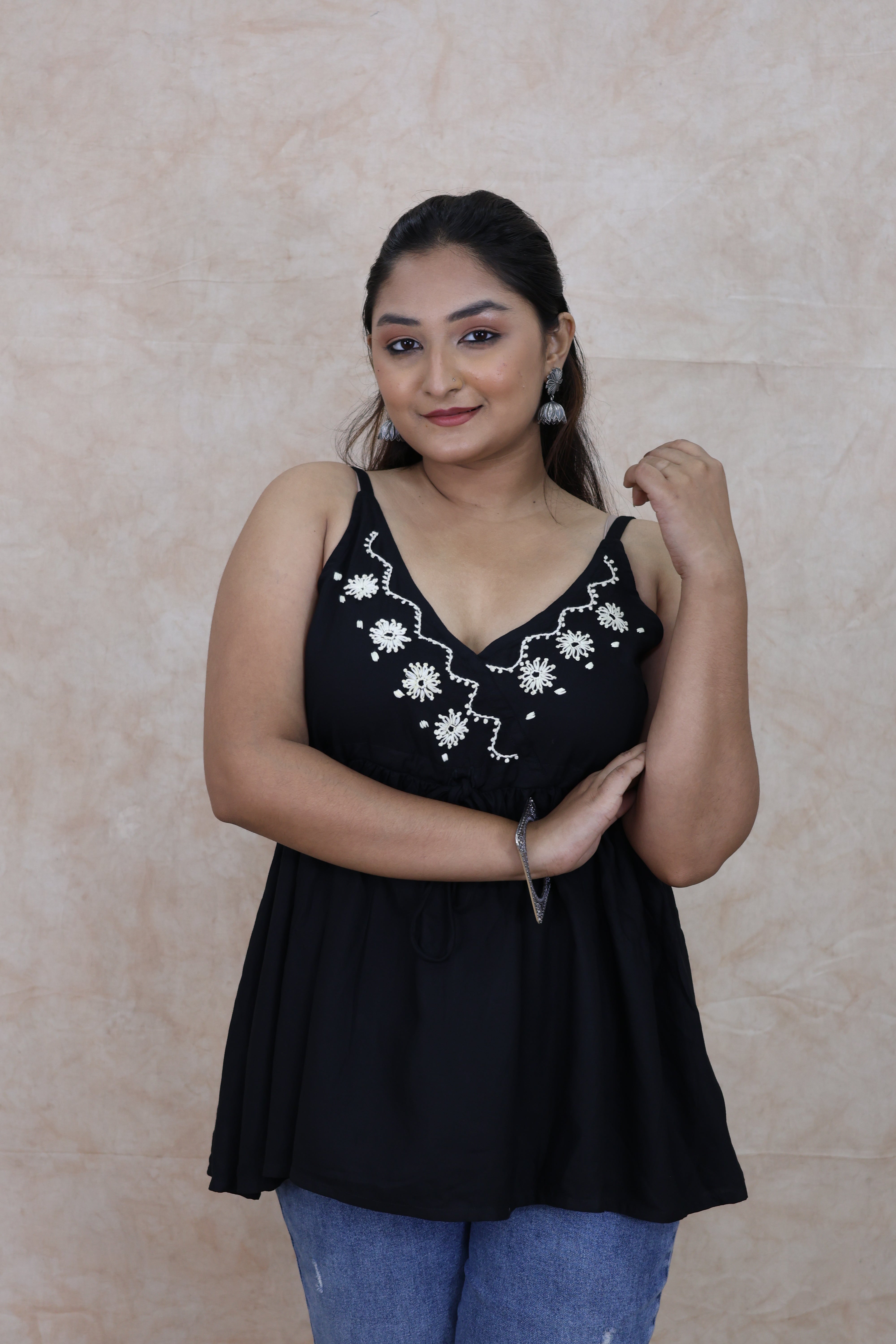 Black Hand Embroidred Rayon Tops