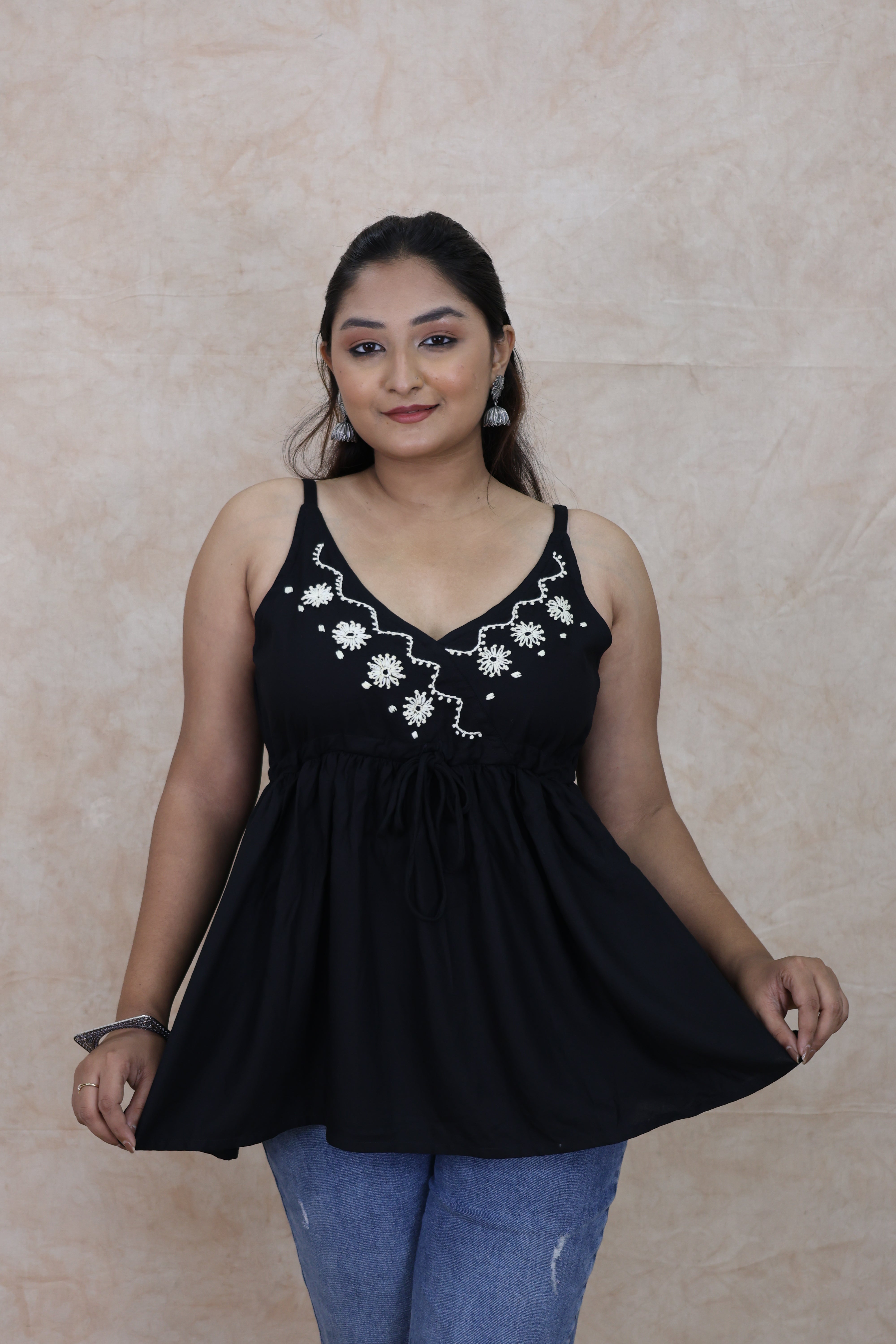 Black Hand Embroidred Rayon Tops