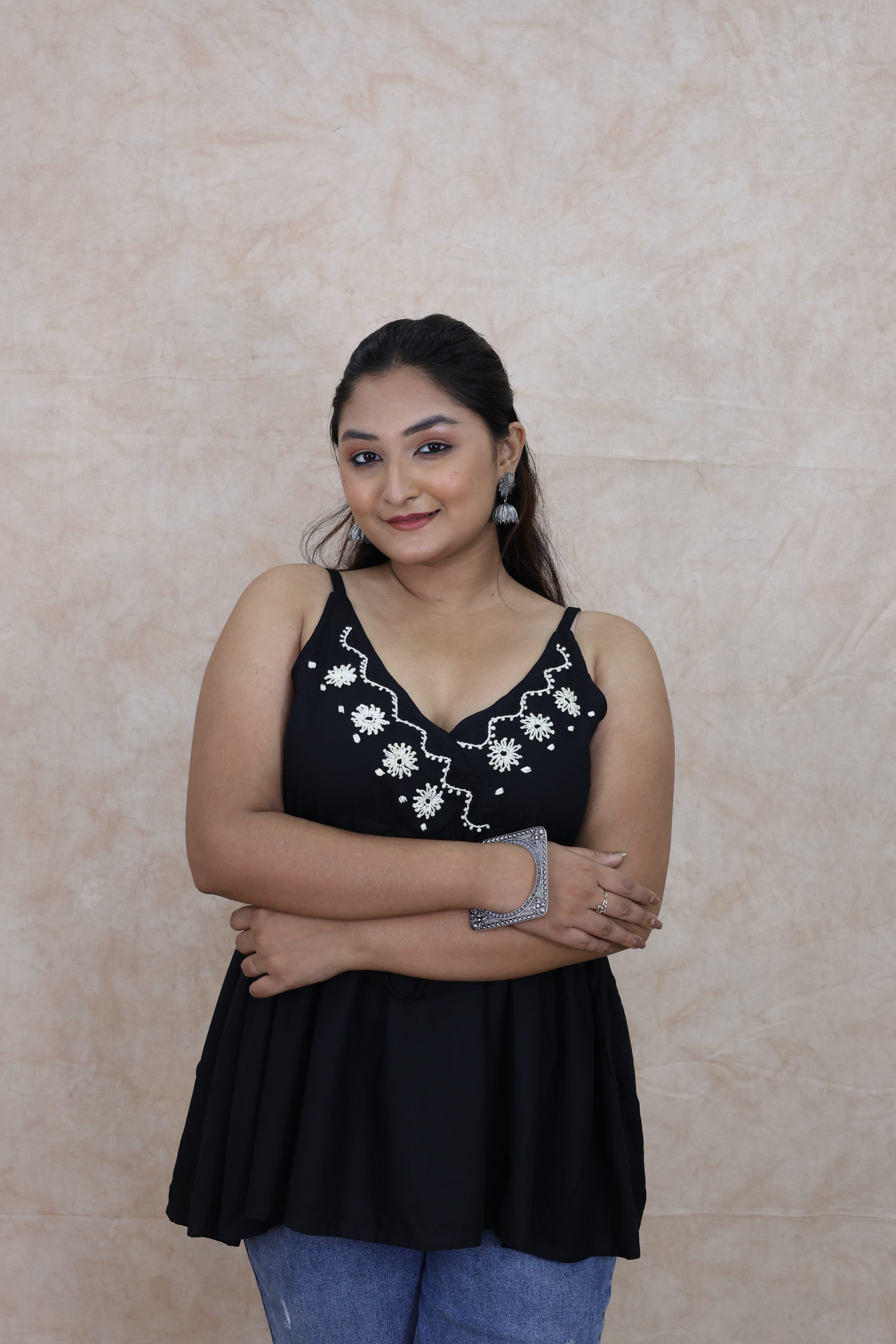 Black Hand Embroidred Rayon Tops