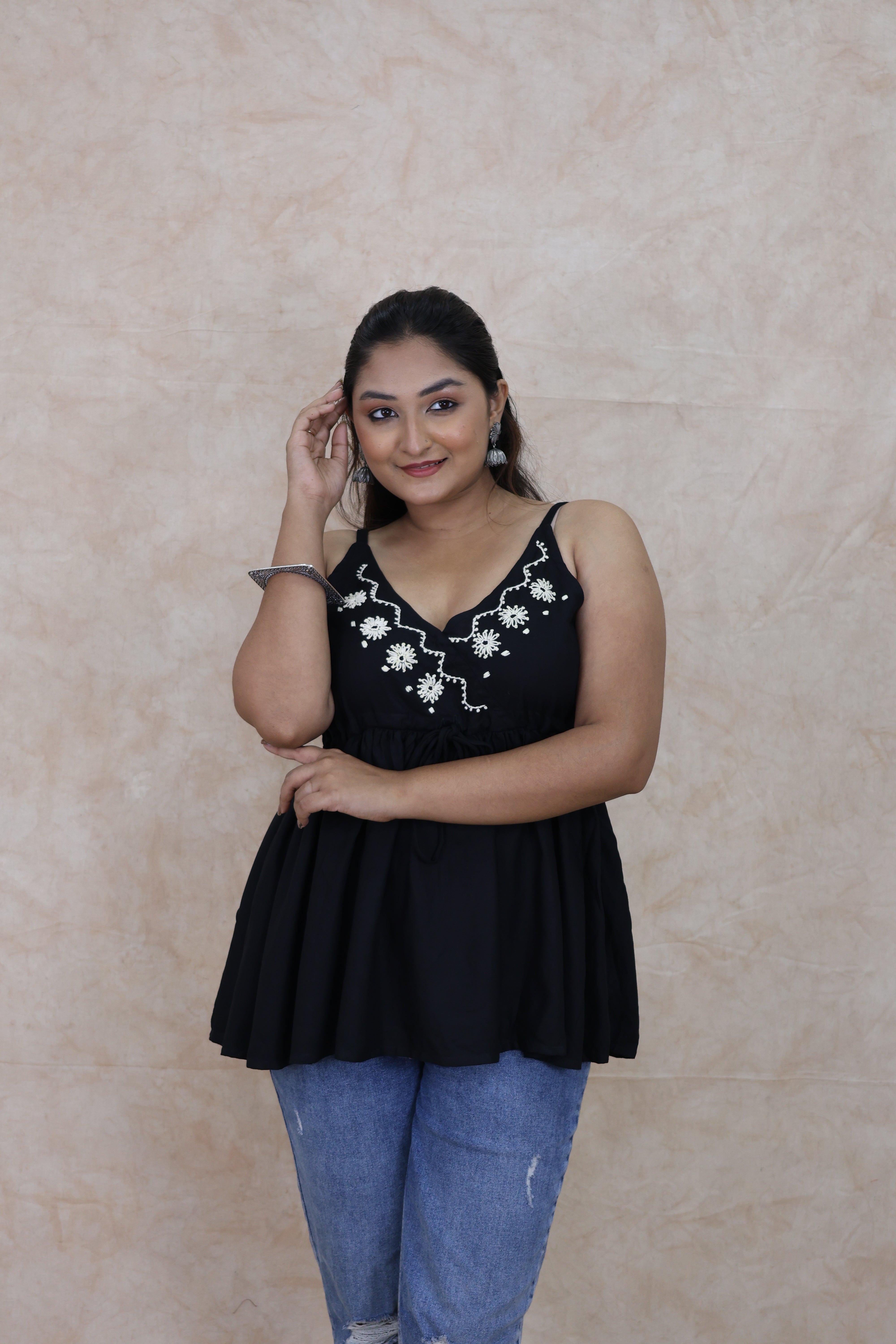 Black Hand Embroidred Rayon Tops