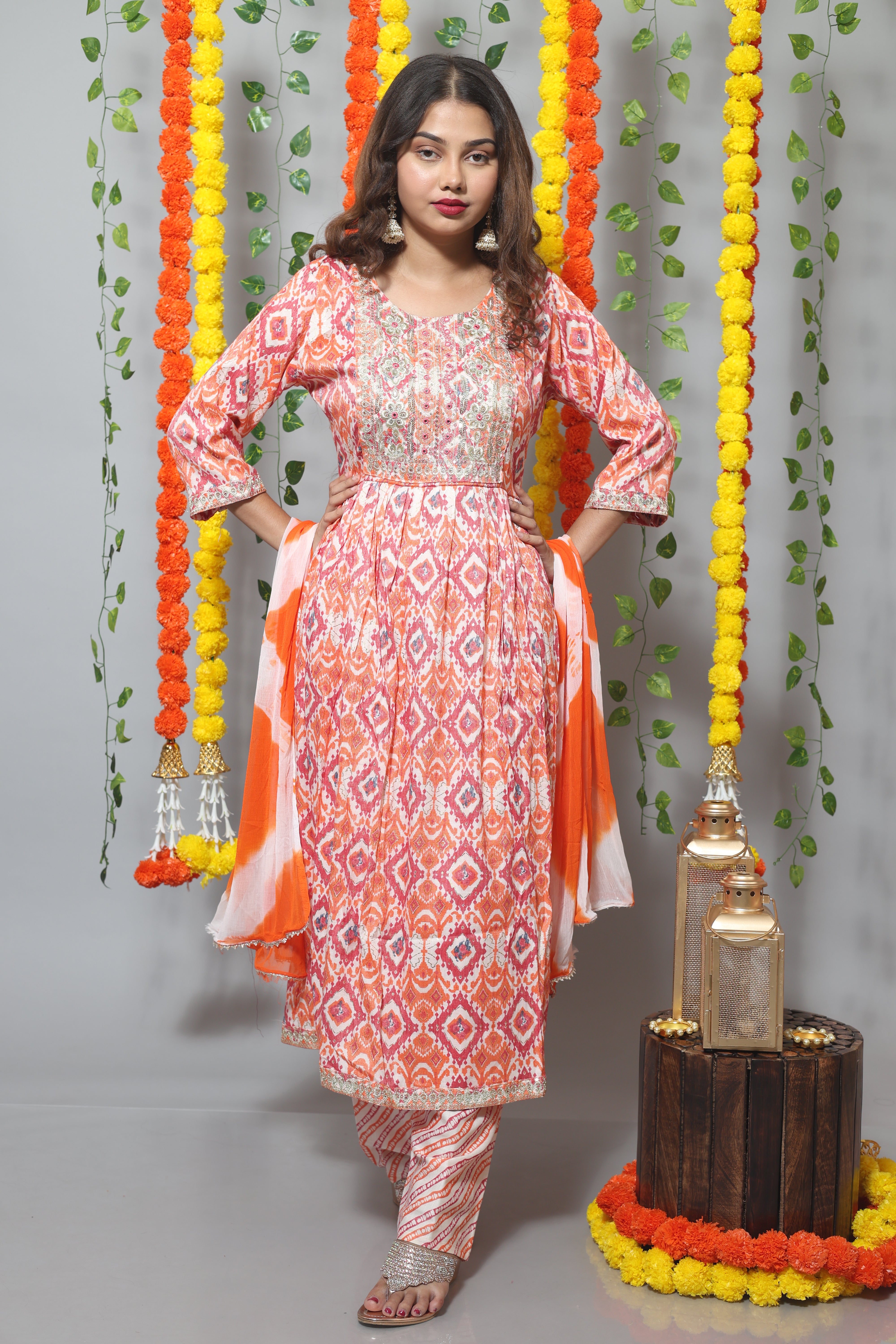 Orange cotton suit set with beautiful embroidery