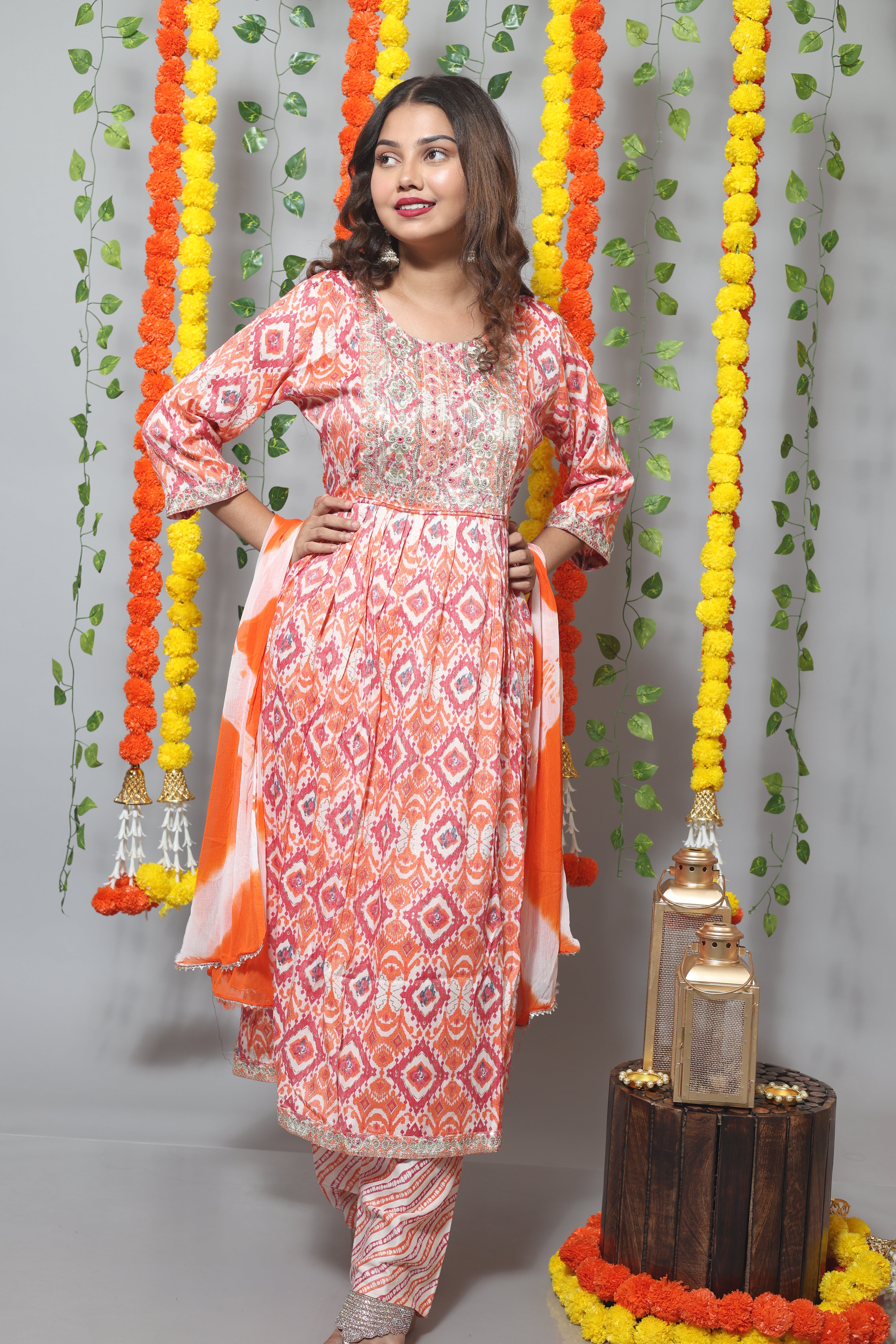 Orange Embroidery Cotton Suit Set