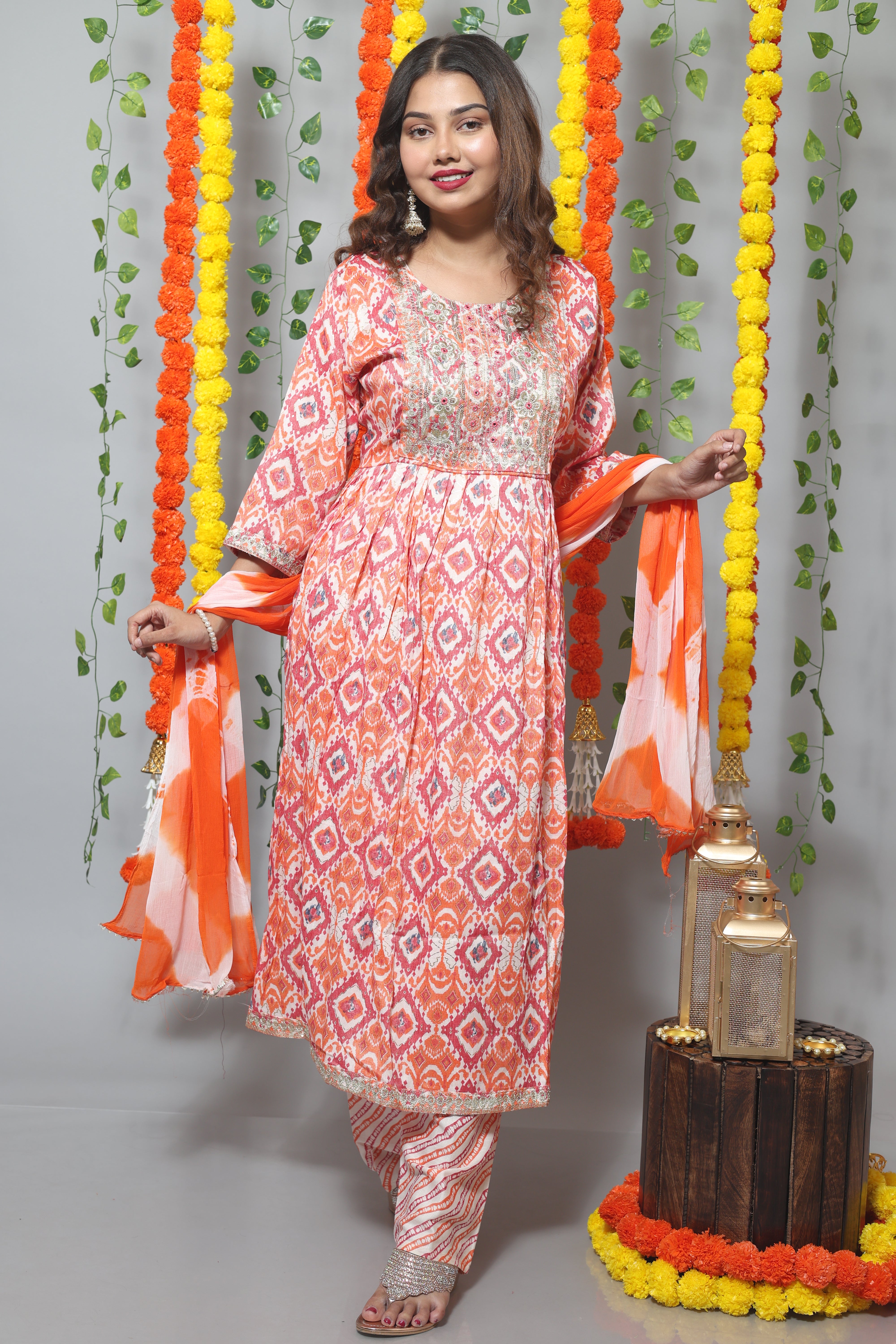 Orange Embroidery Cotton Suit Set