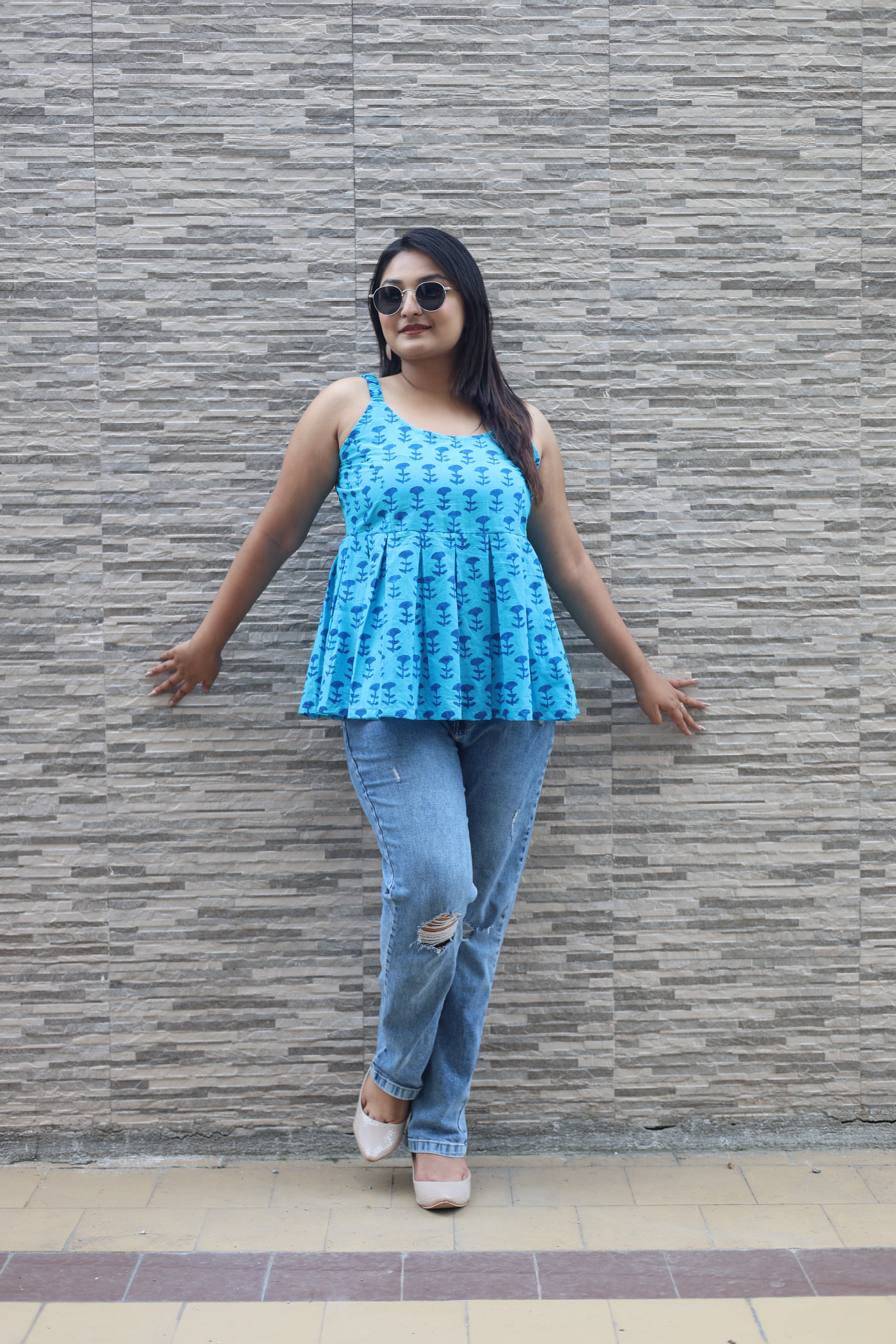 Hand Block Print Blue Cotton Tops