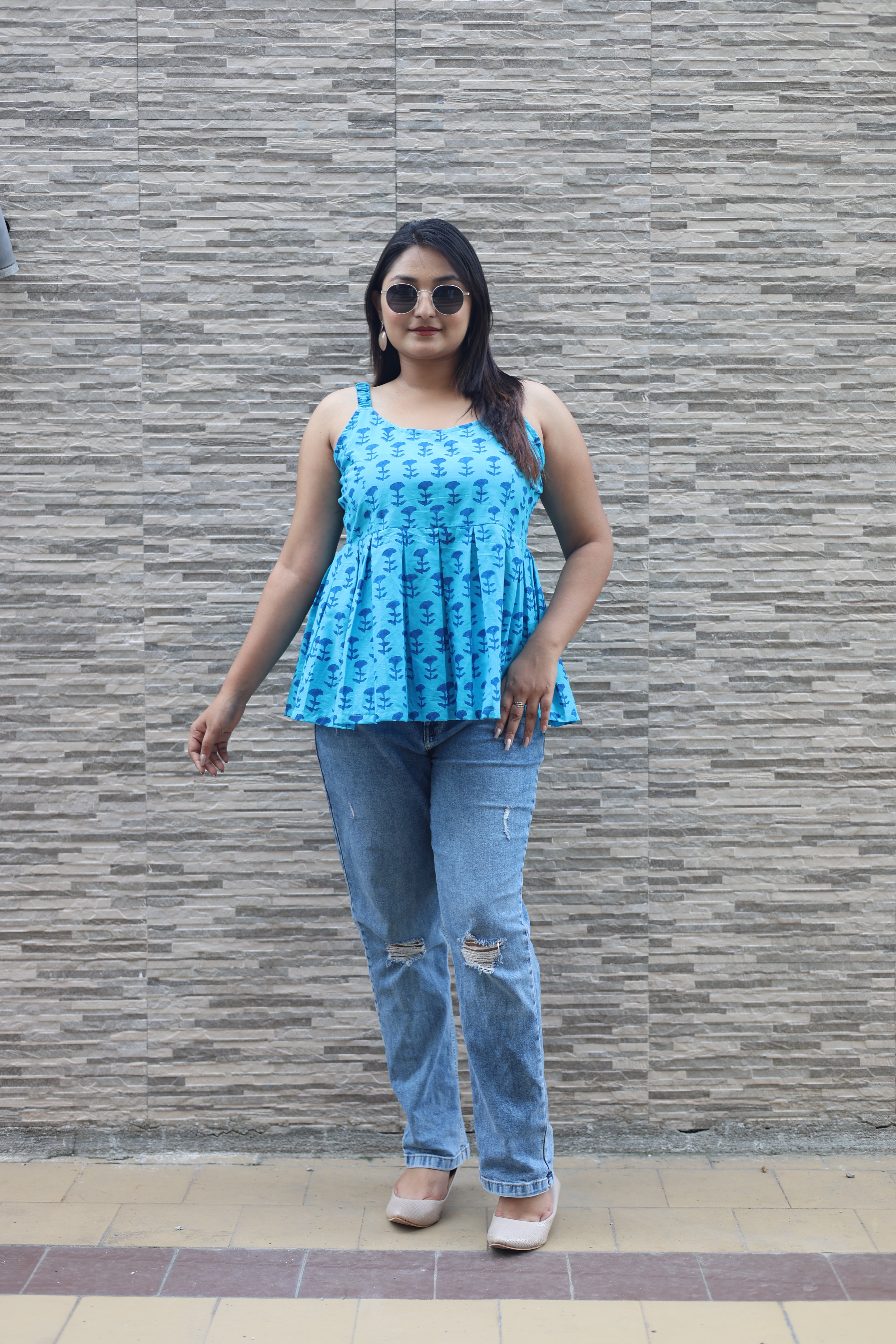 Hand Block Print Blue Cotton Tops