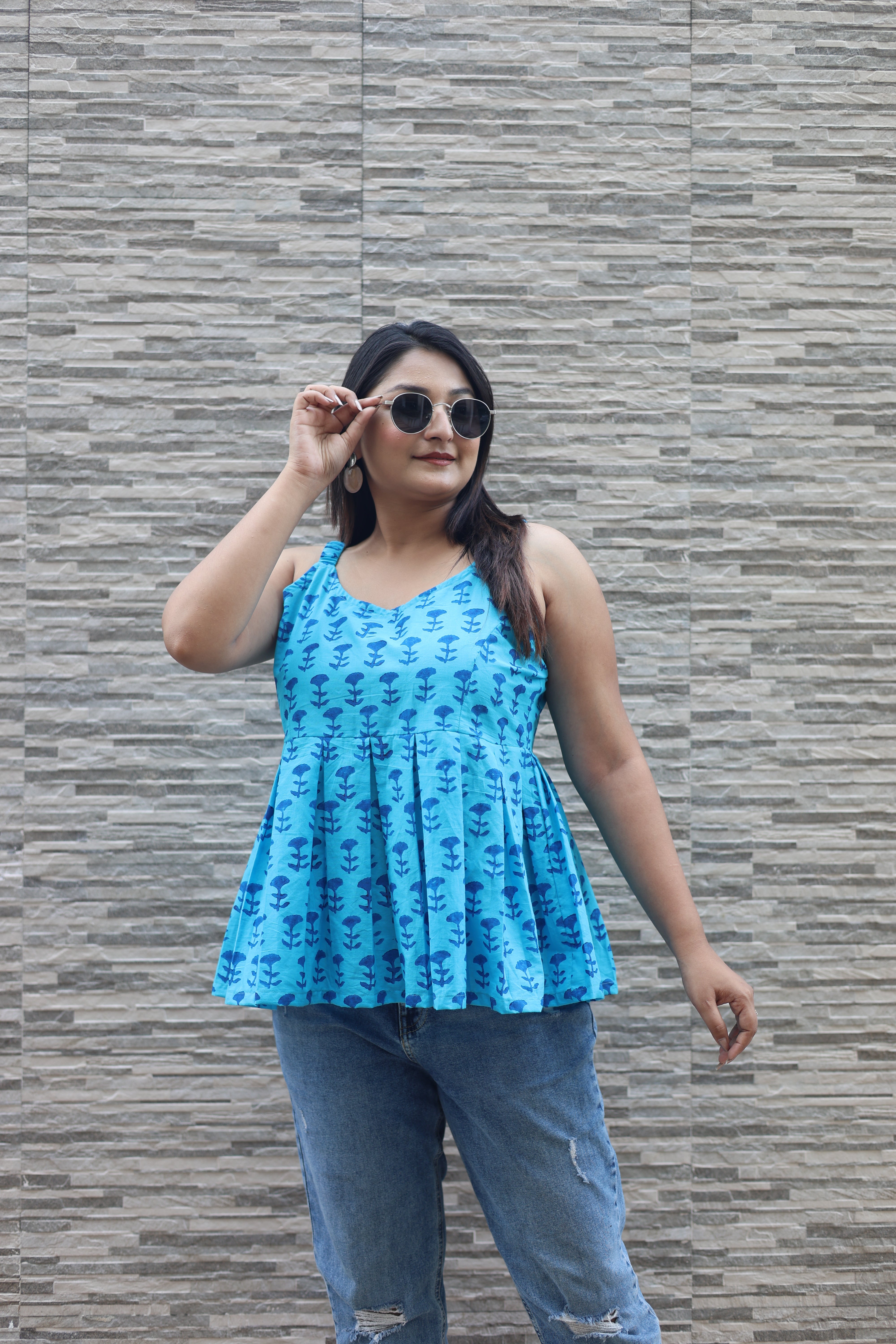 Hand Block Print Blue Cotton Tops