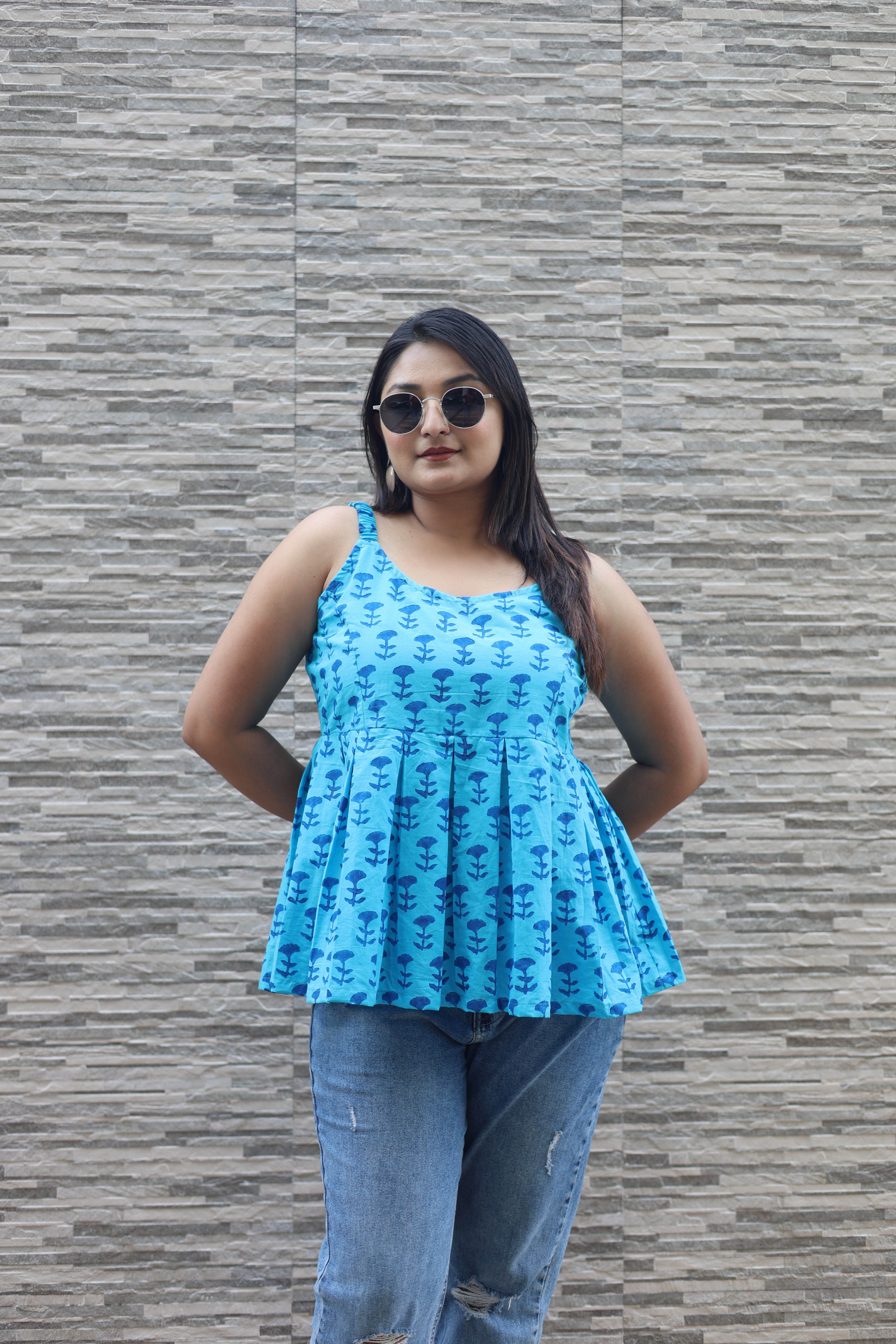 Hand Block Print Blue Cotton Tops