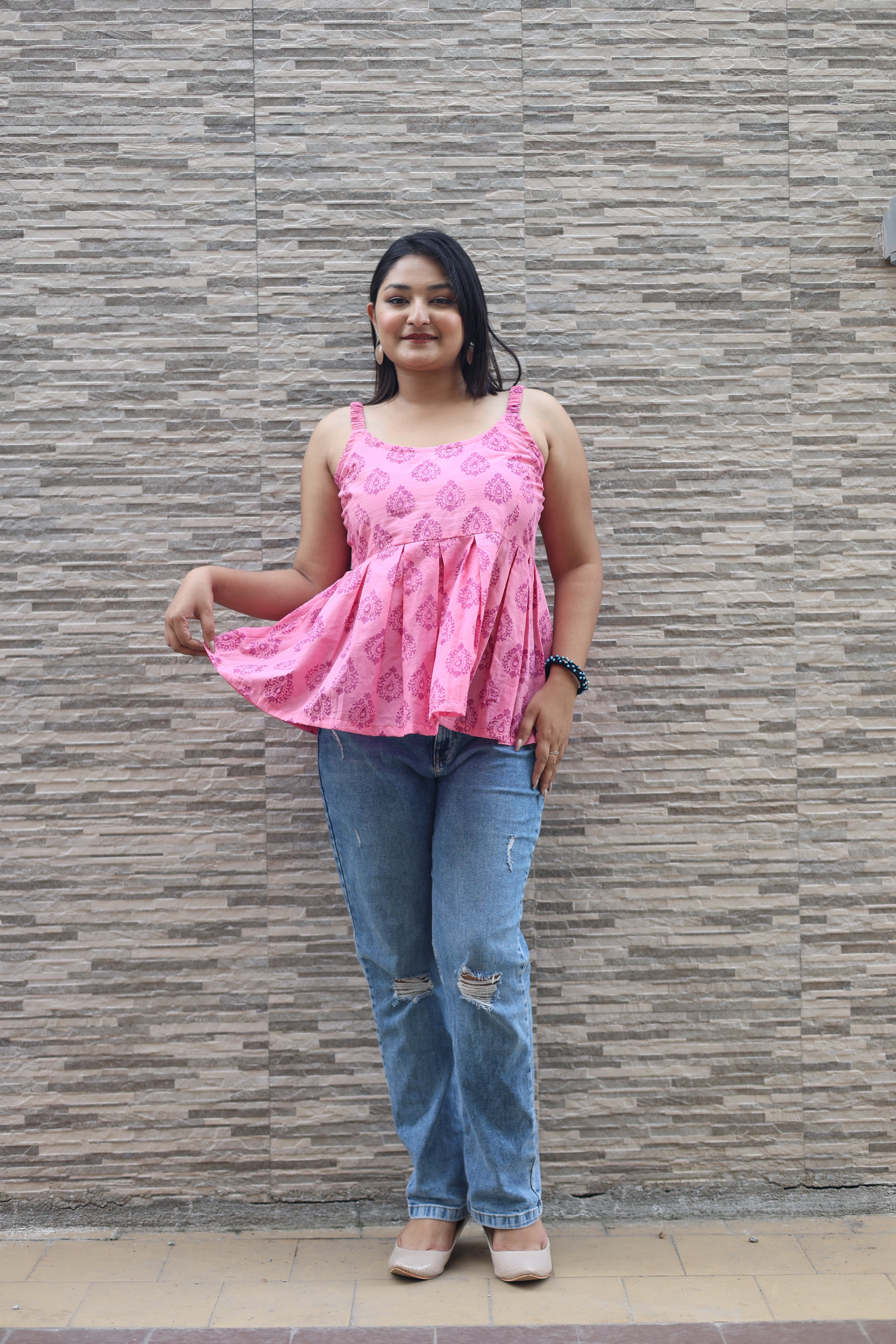 Hand Block Print Pink Colour Cotton Top