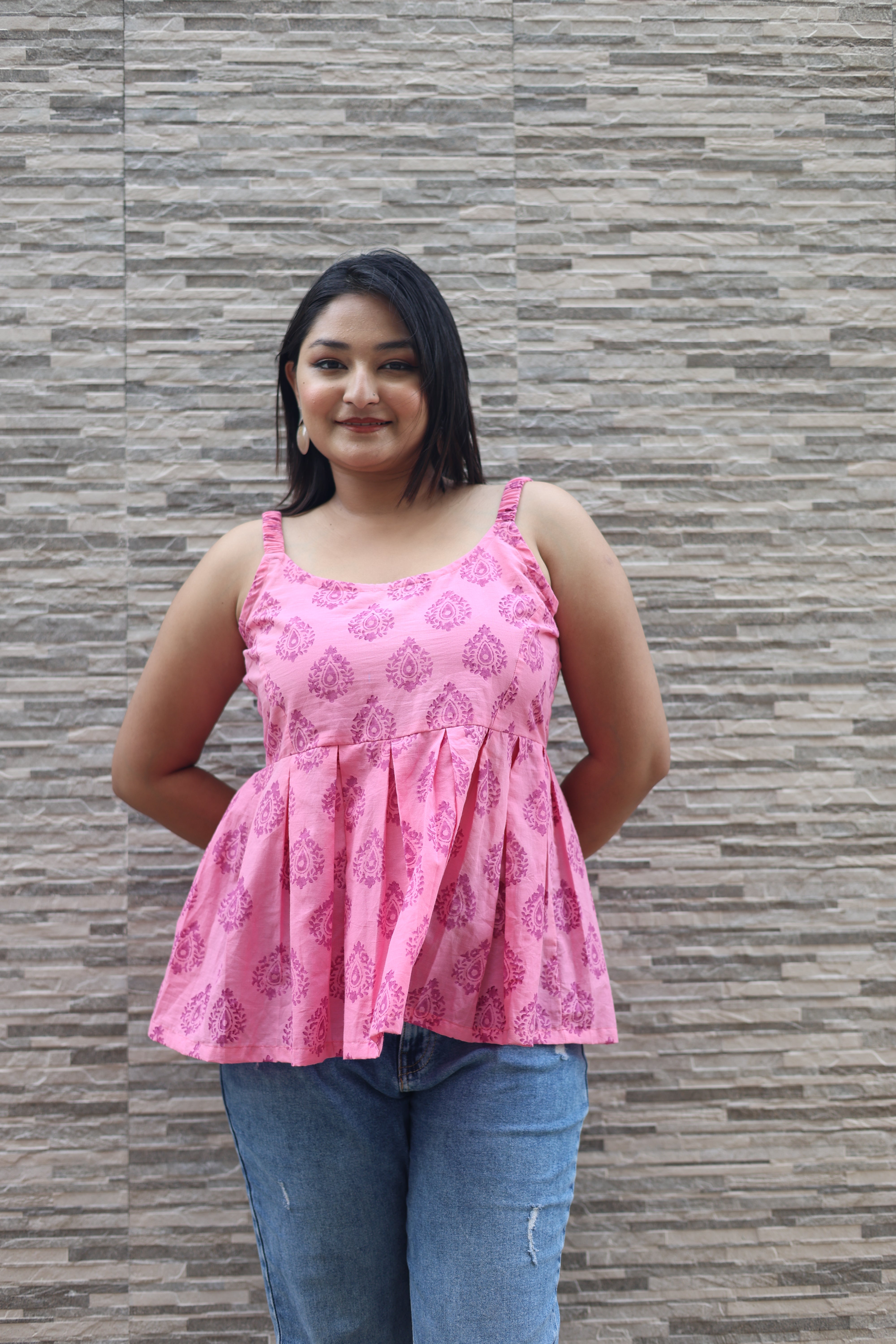Hand Block Print Pink Colour Cotton Top