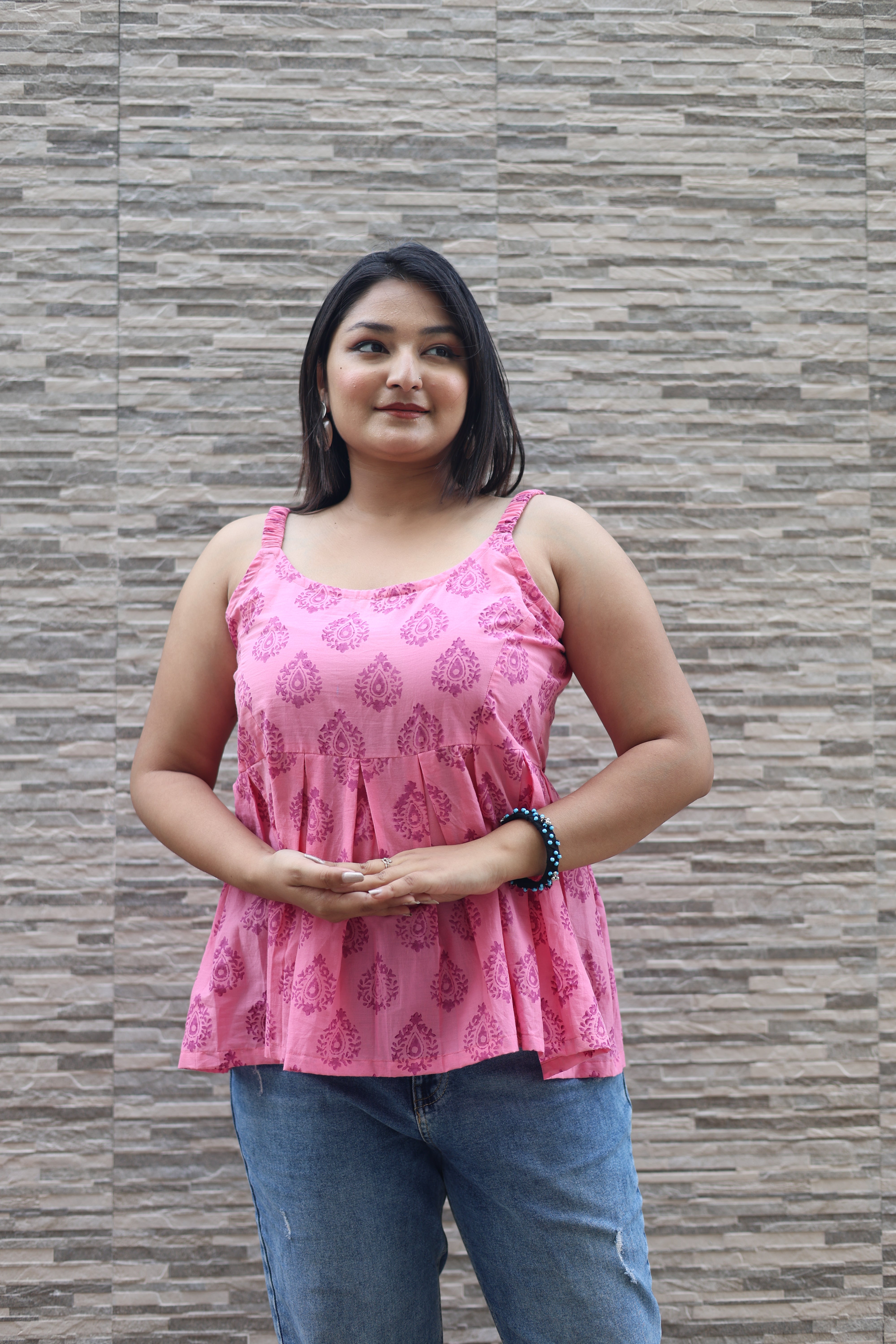 Hand Block Print Pink Colour Cotton Top