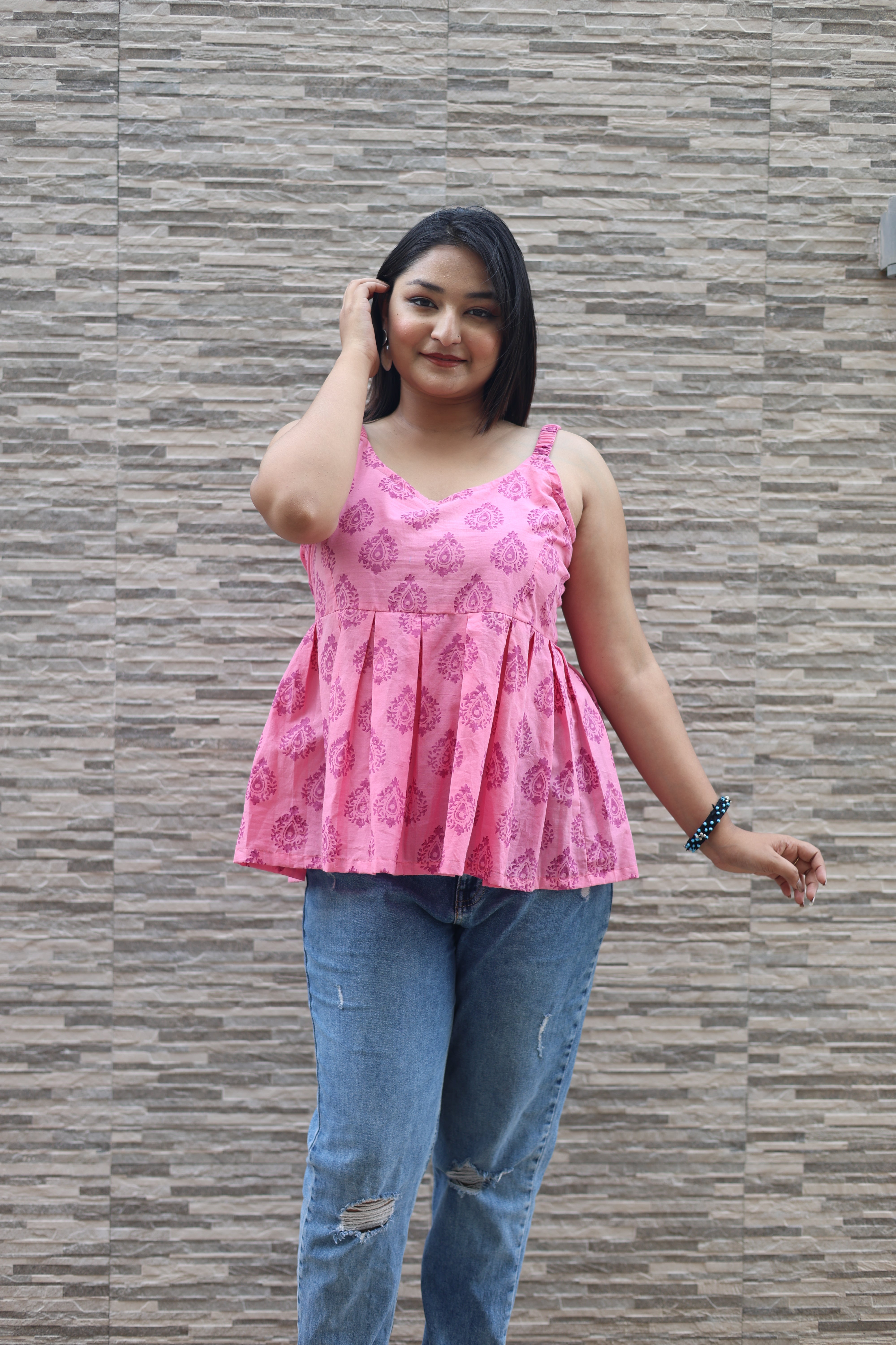 Hand Block Print Pink Colour Cotton Top