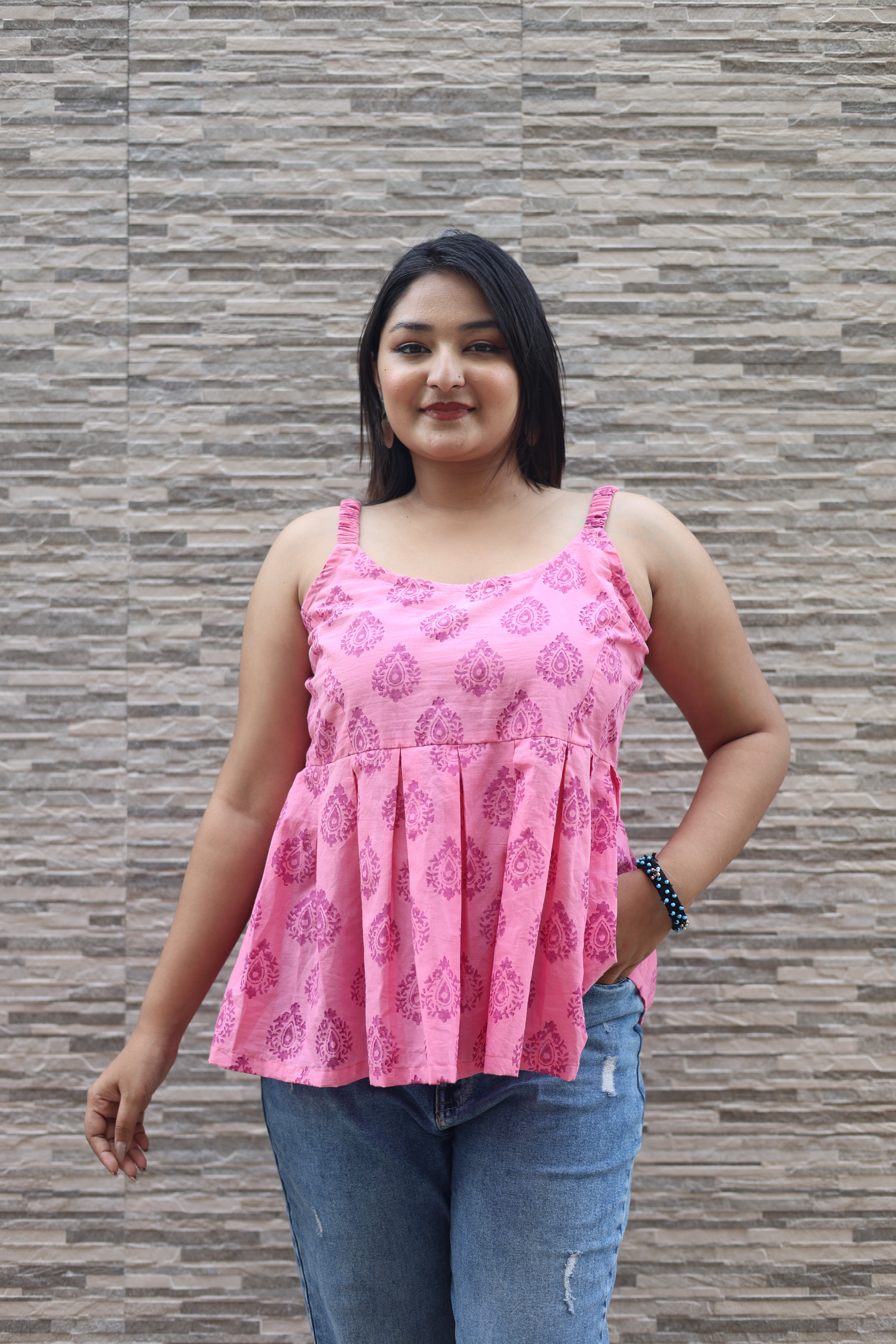 Hand Block Print Pink Colour Cotton Top