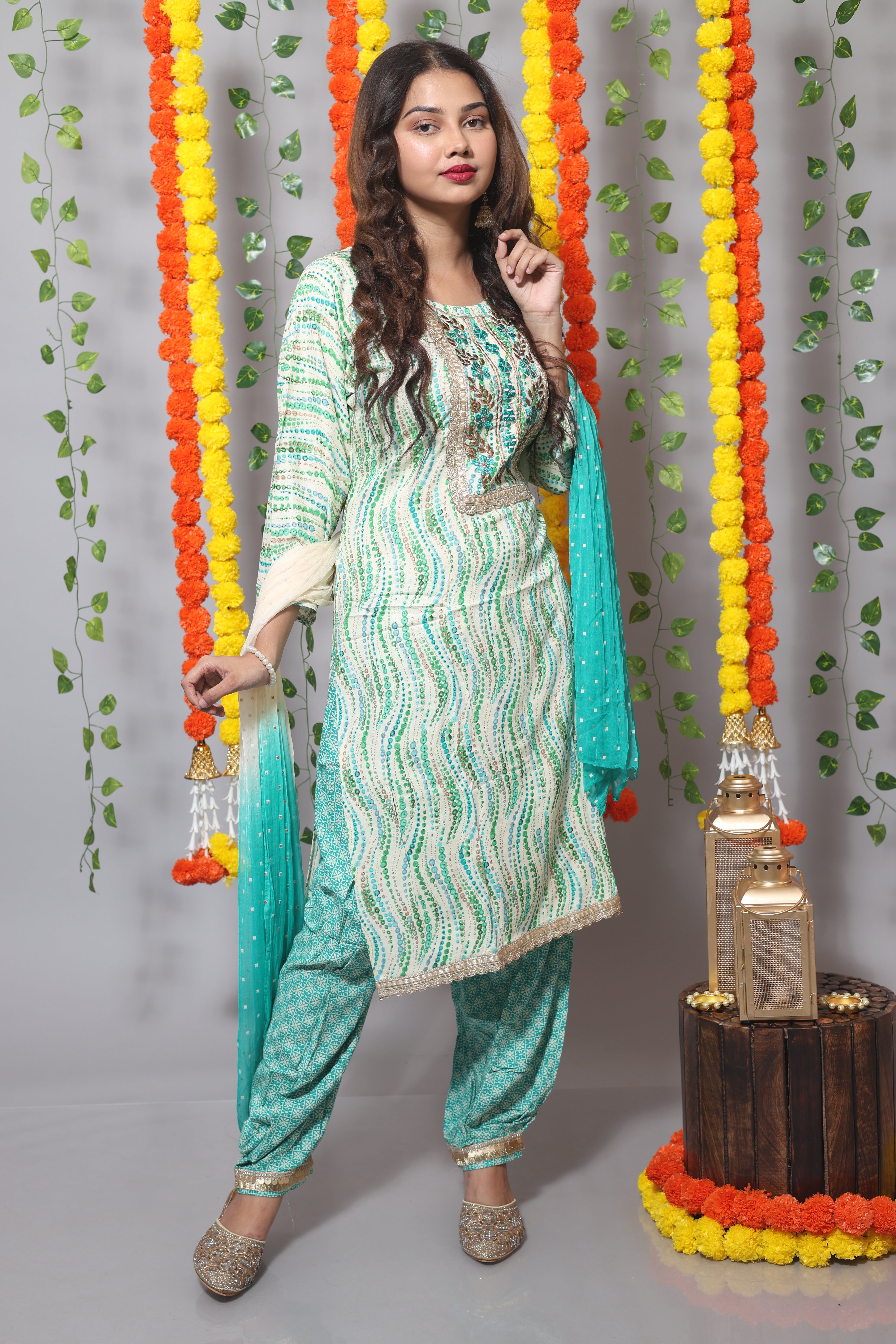 Sea Green Color Floral Print Afghani Suit Set