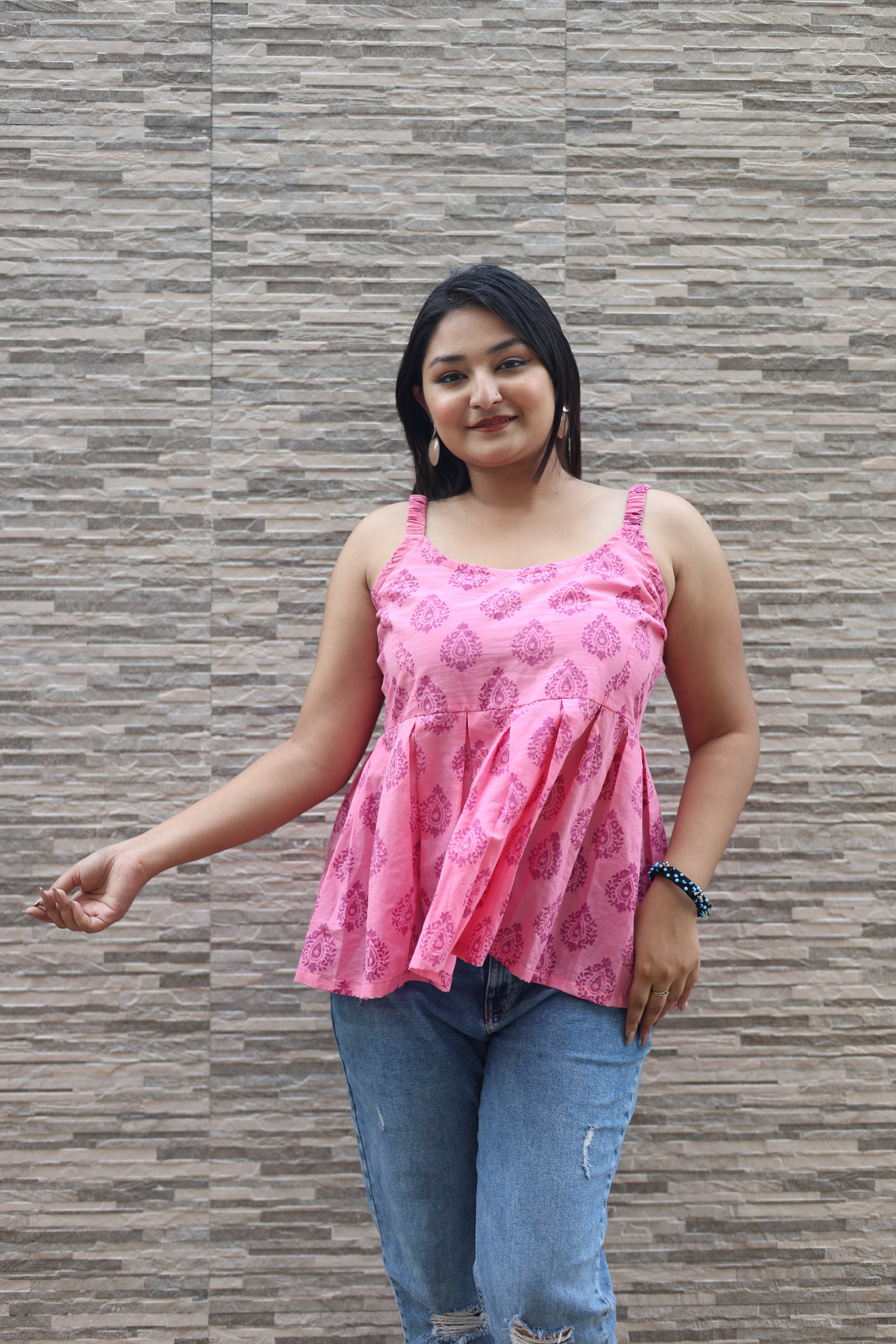 Hand Block Print Pink Colour Cotton Top
