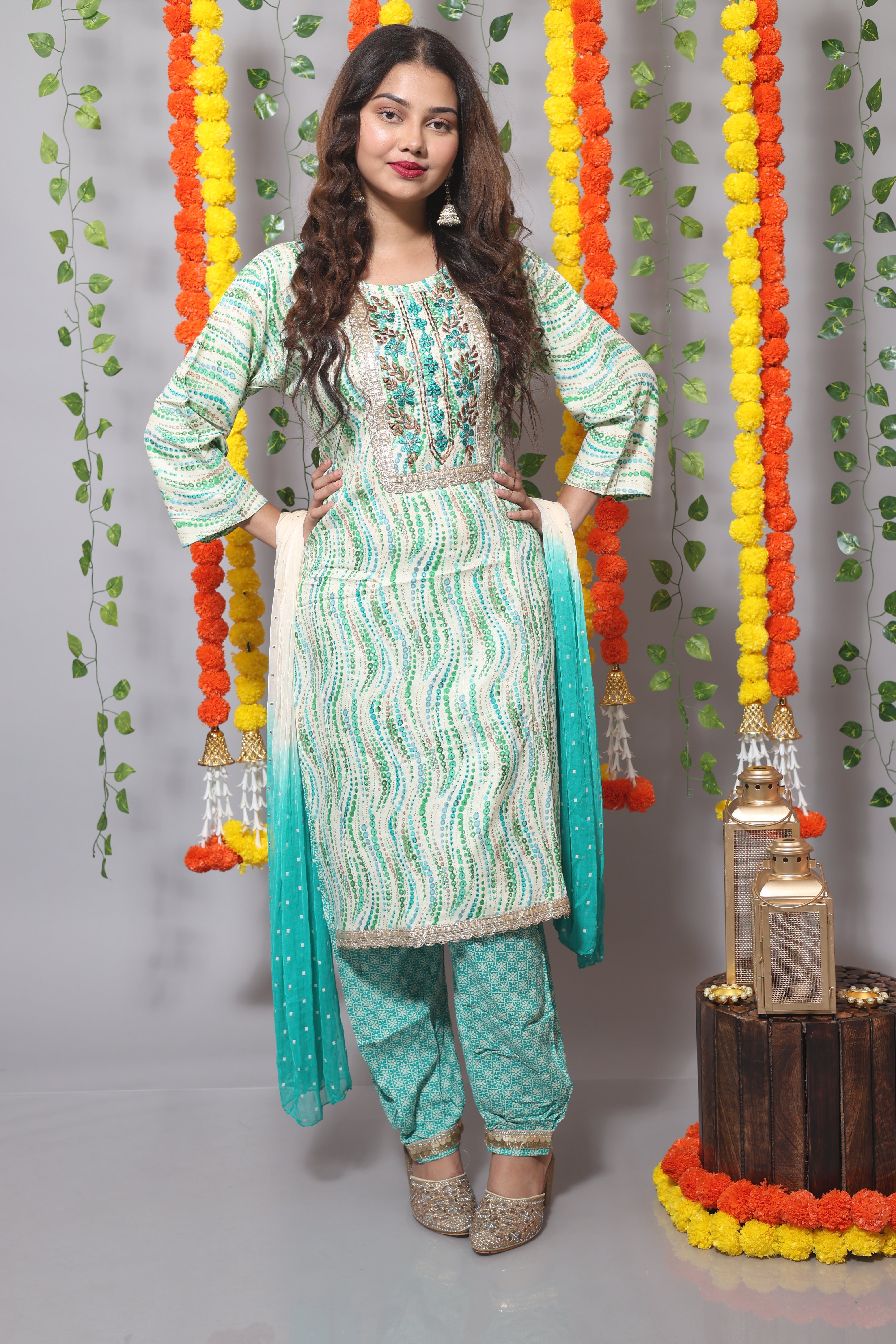 Sea Green Color Floral Print Afghani Suit Set
