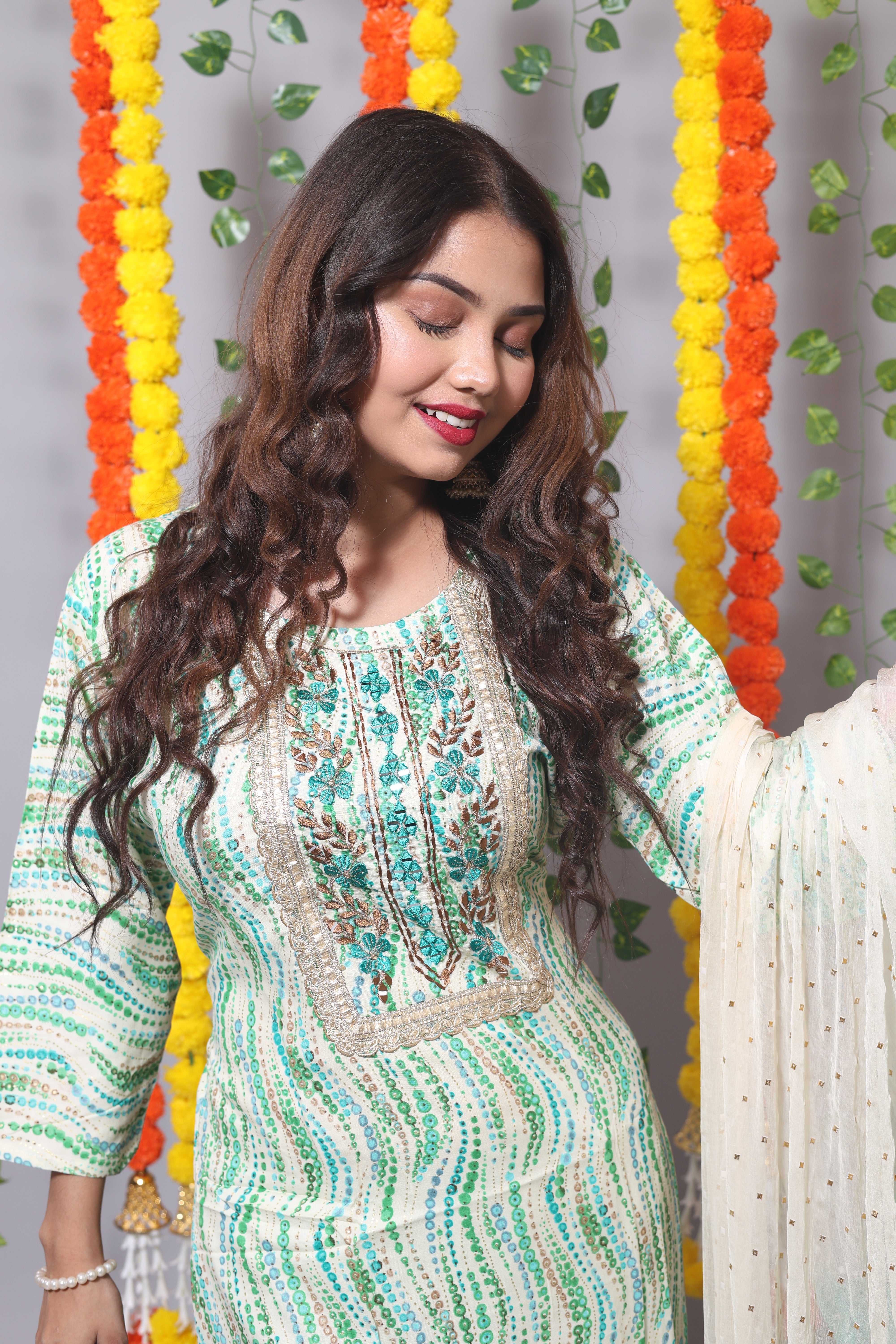 Sea Green Color Floral Print Afghani Suit Set