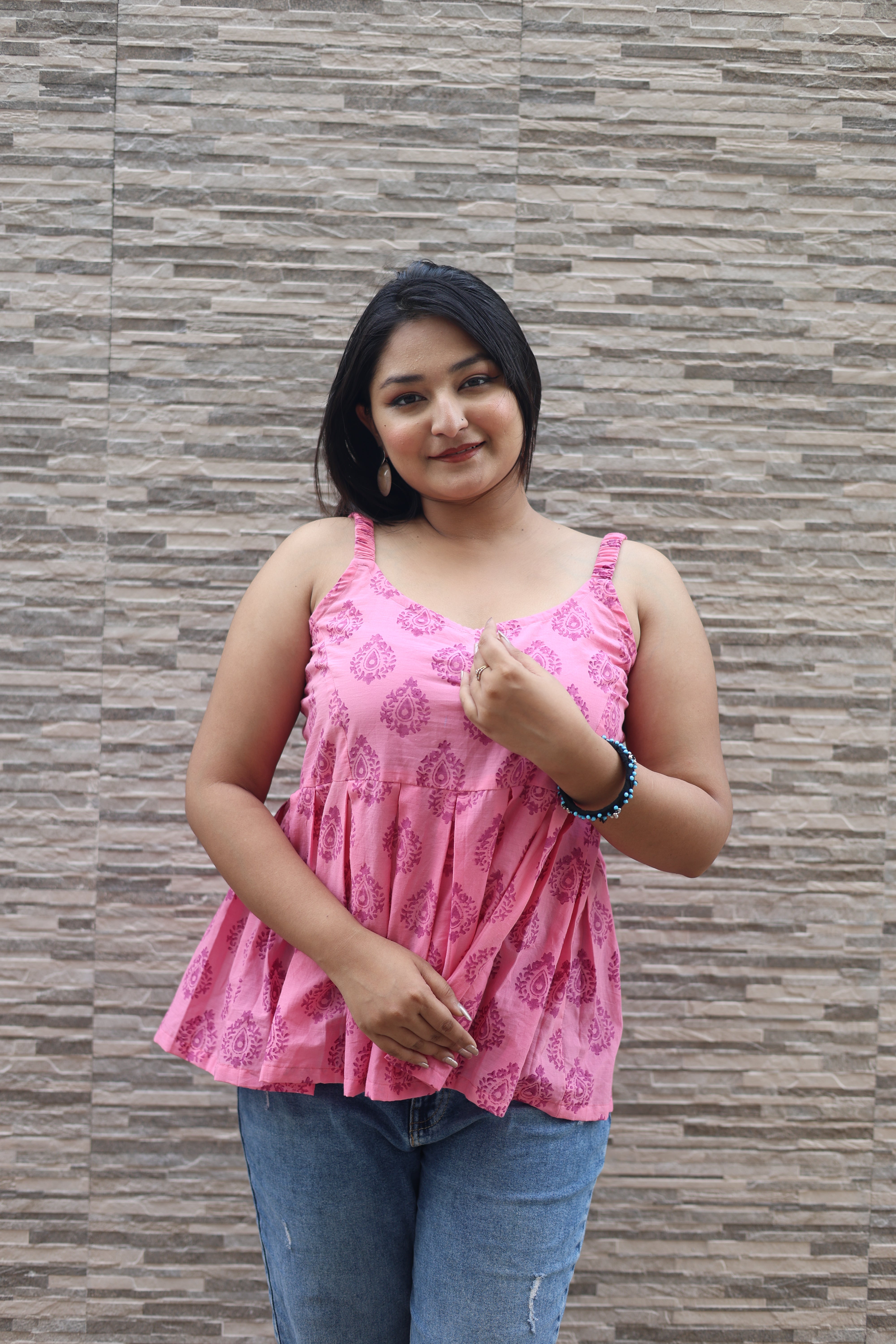 Hand Block Print Pink Colour Cotton Top