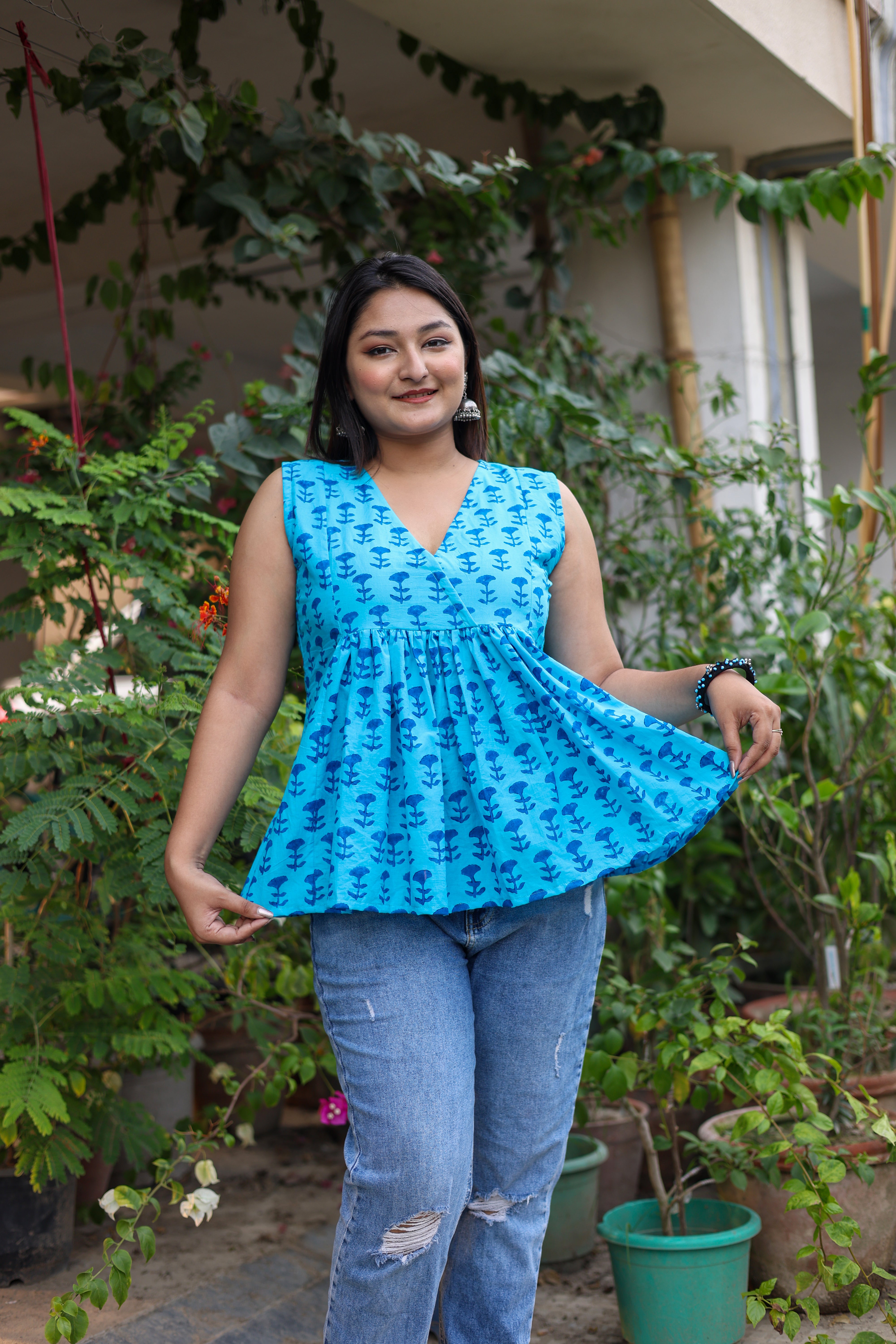 Blue Color Hand Block Print Cotton Tops