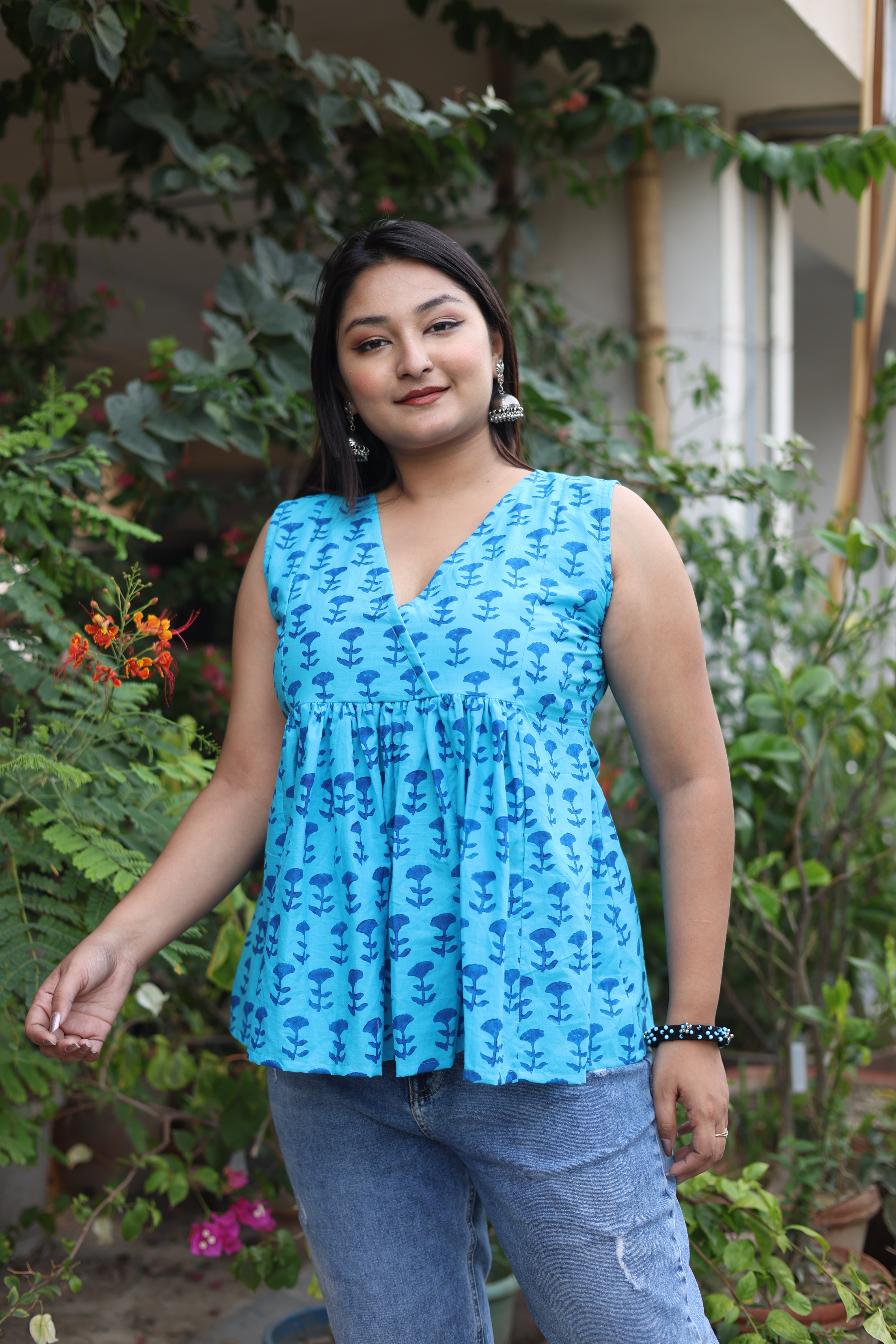 Blue Color Hand Block Print Cotton Tops