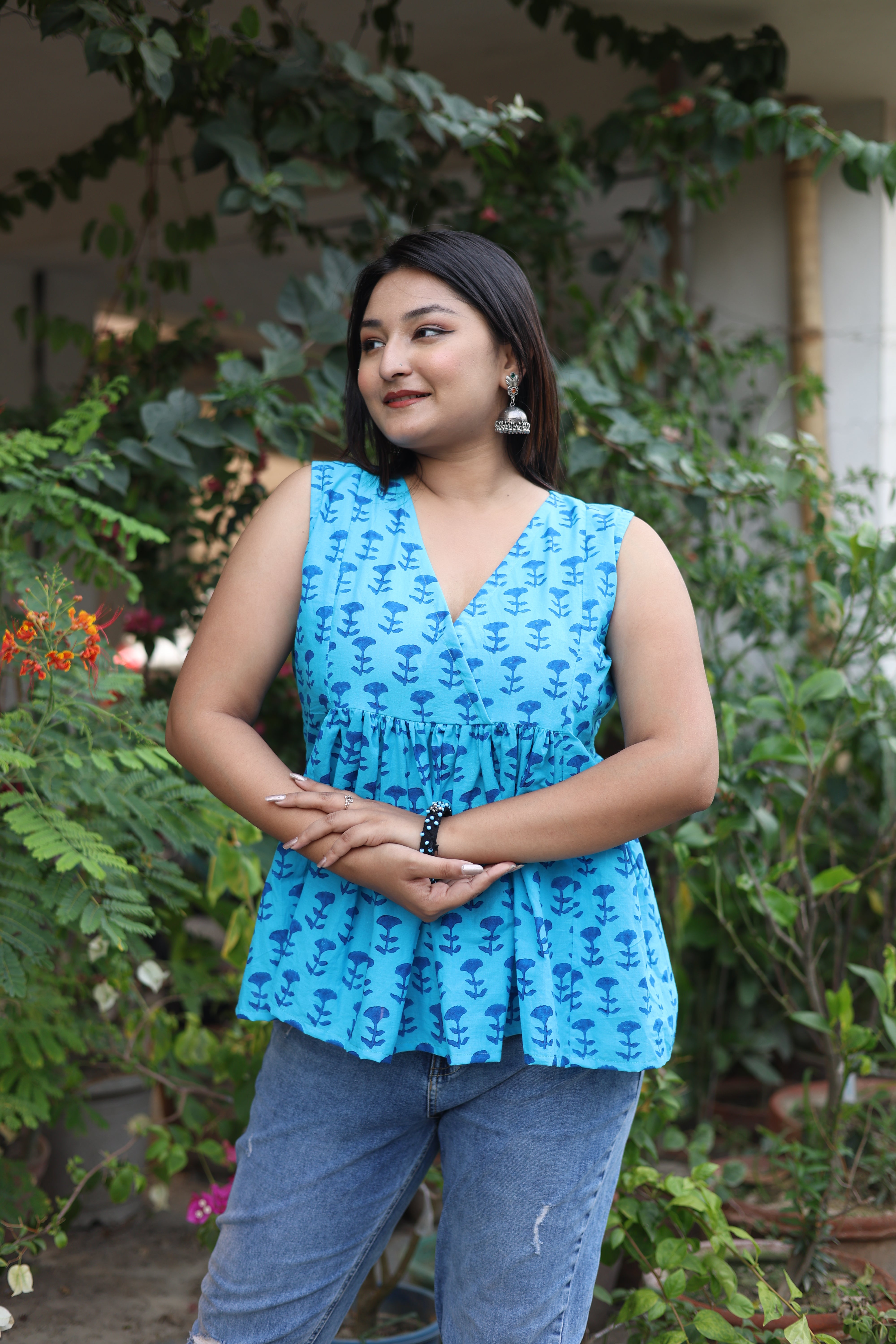 Blue Color Hand Block Print Cotton Tops