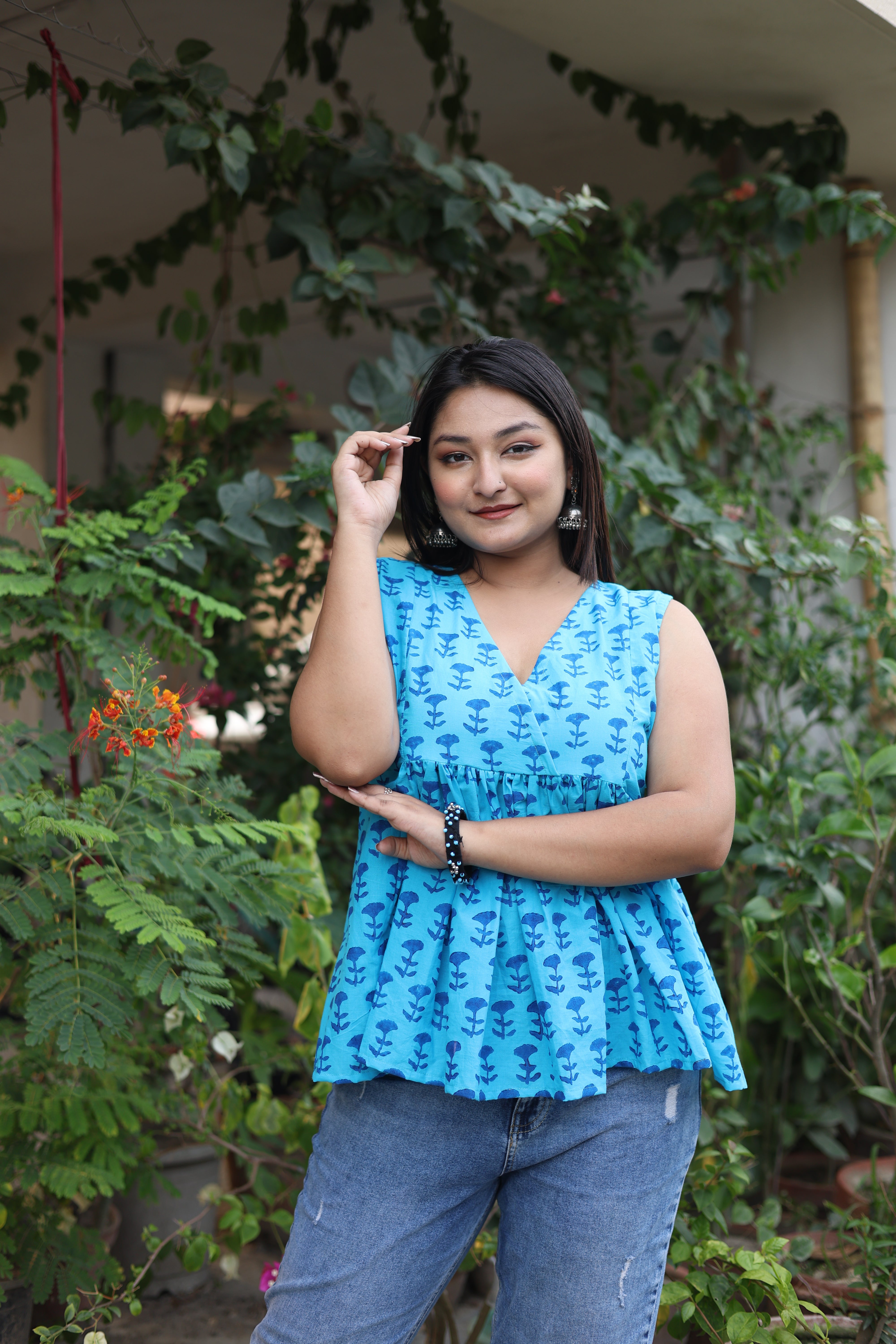 Blue Color Hand Block Print Cotton Tops