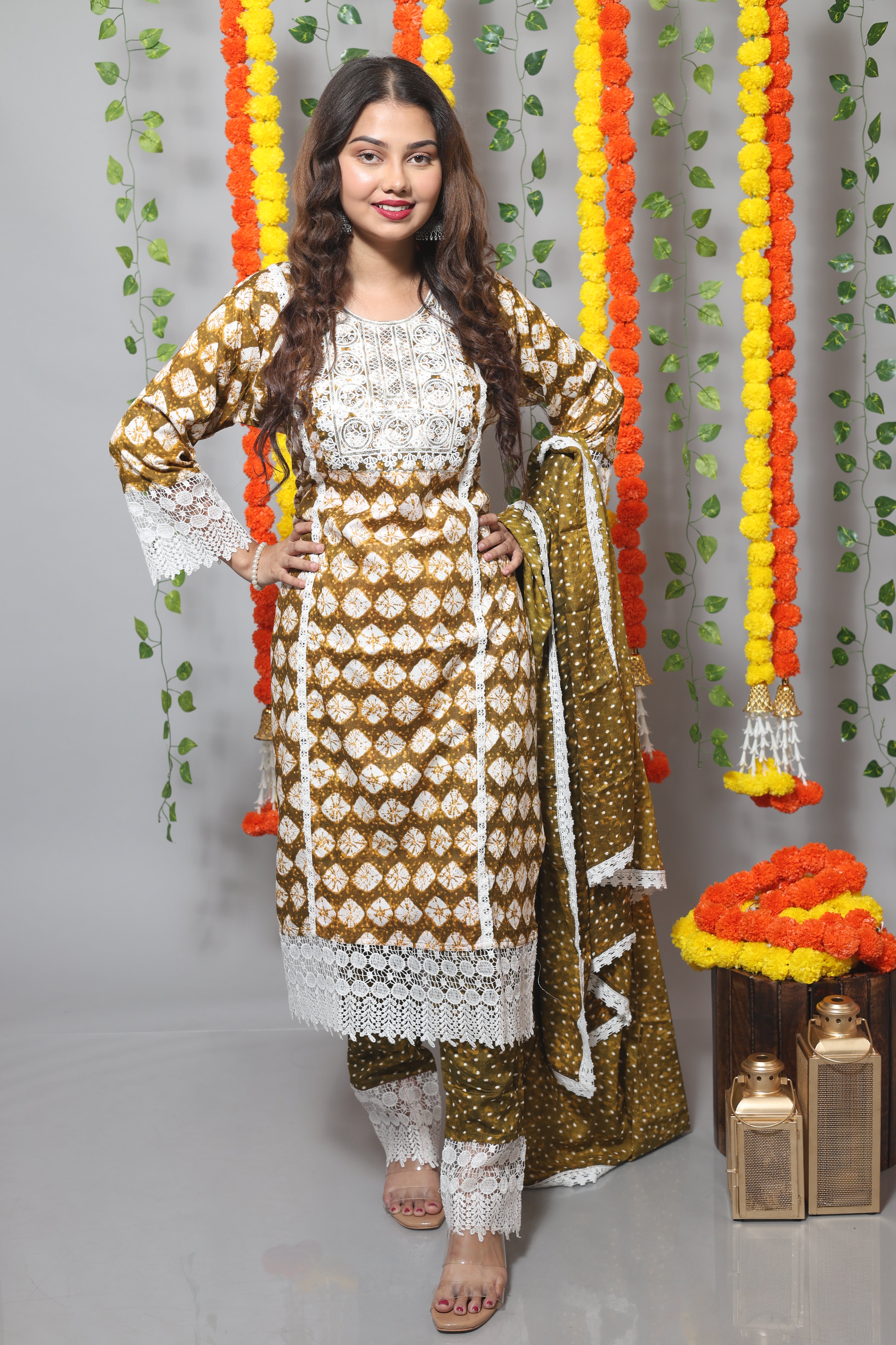Olive floral print cotton Afghani suit set with elegant design