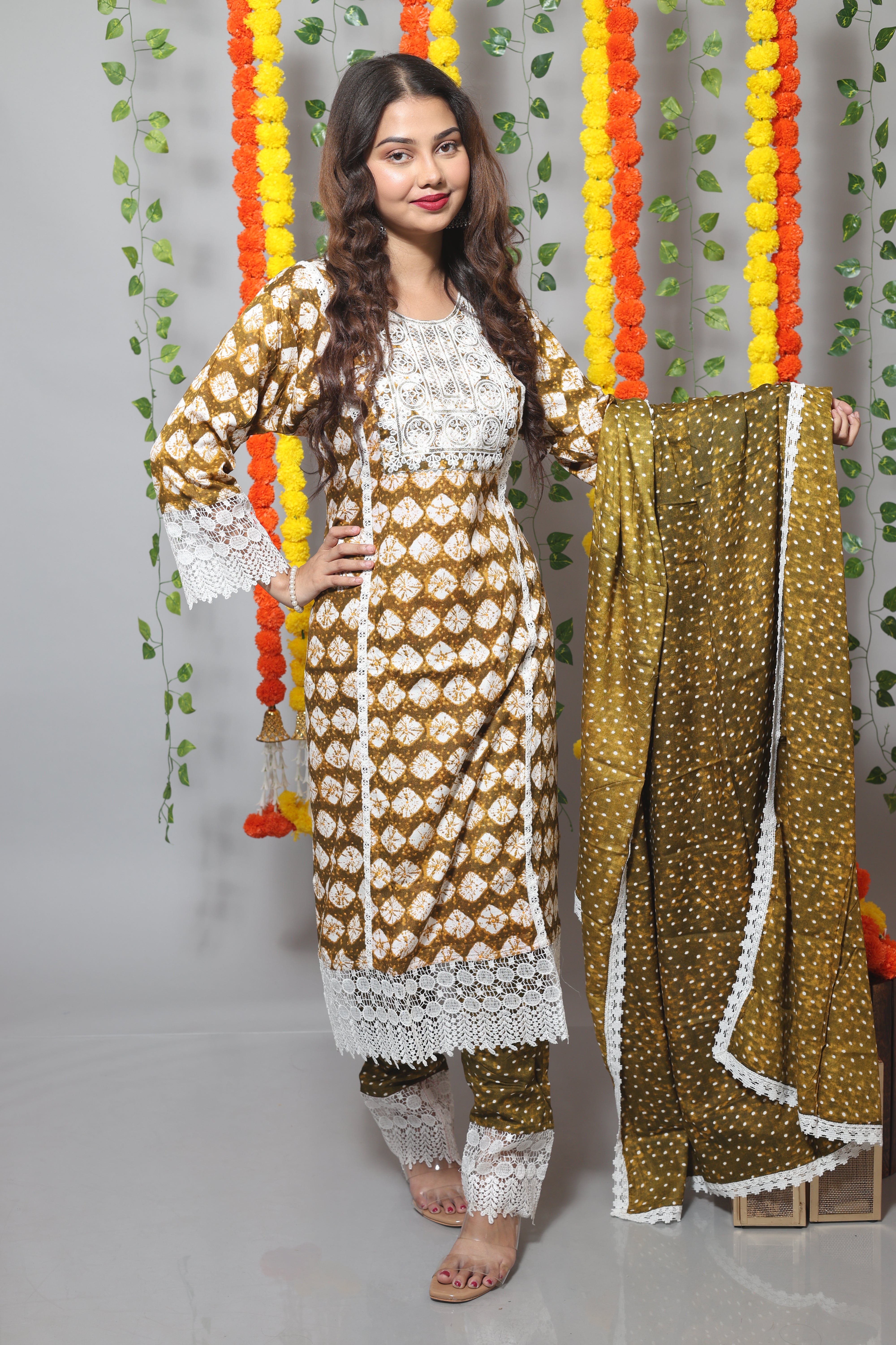 Olive Floral Print Cotton Afghani Suit Set