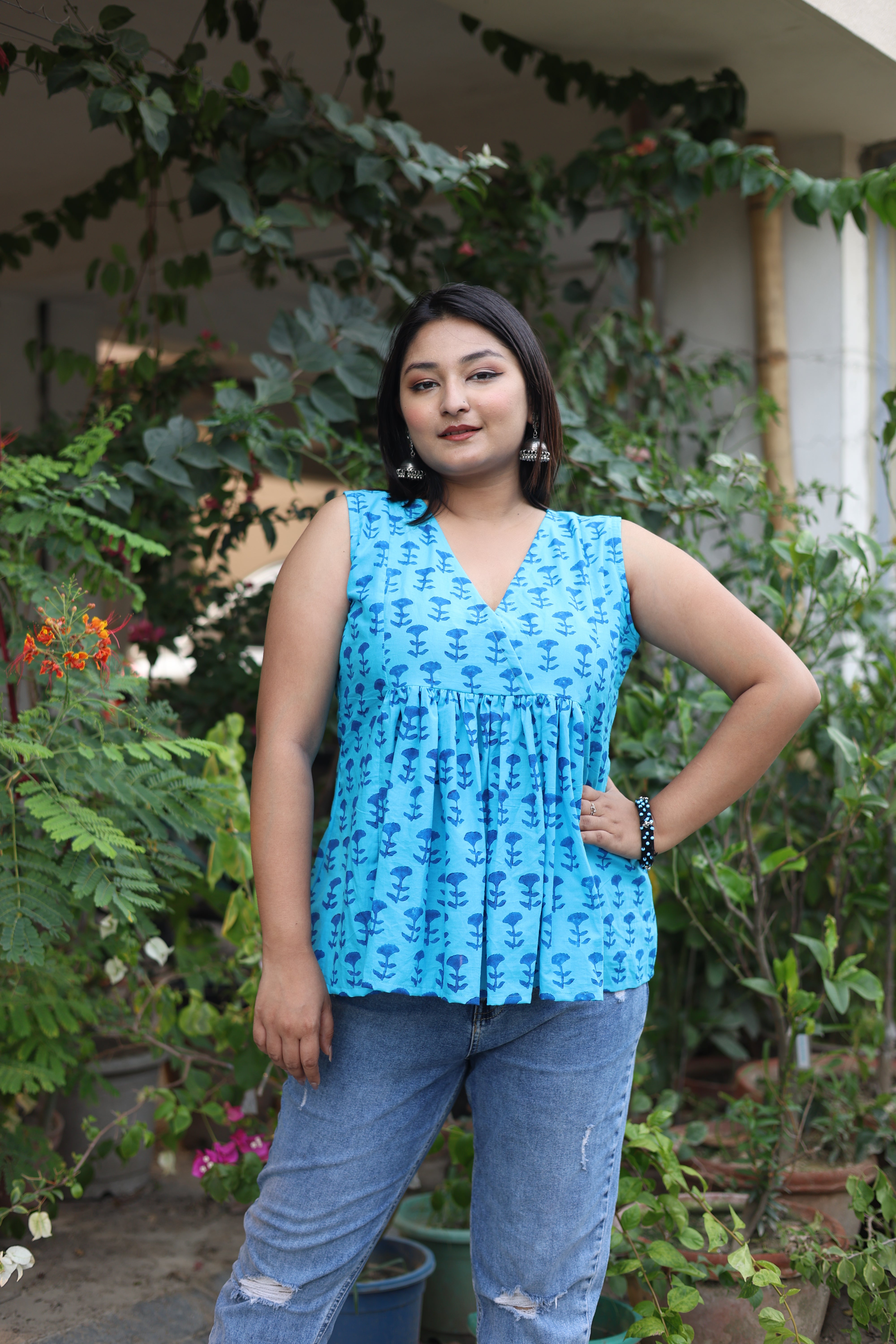 Blue Color Hand Block Print Cotton Tops